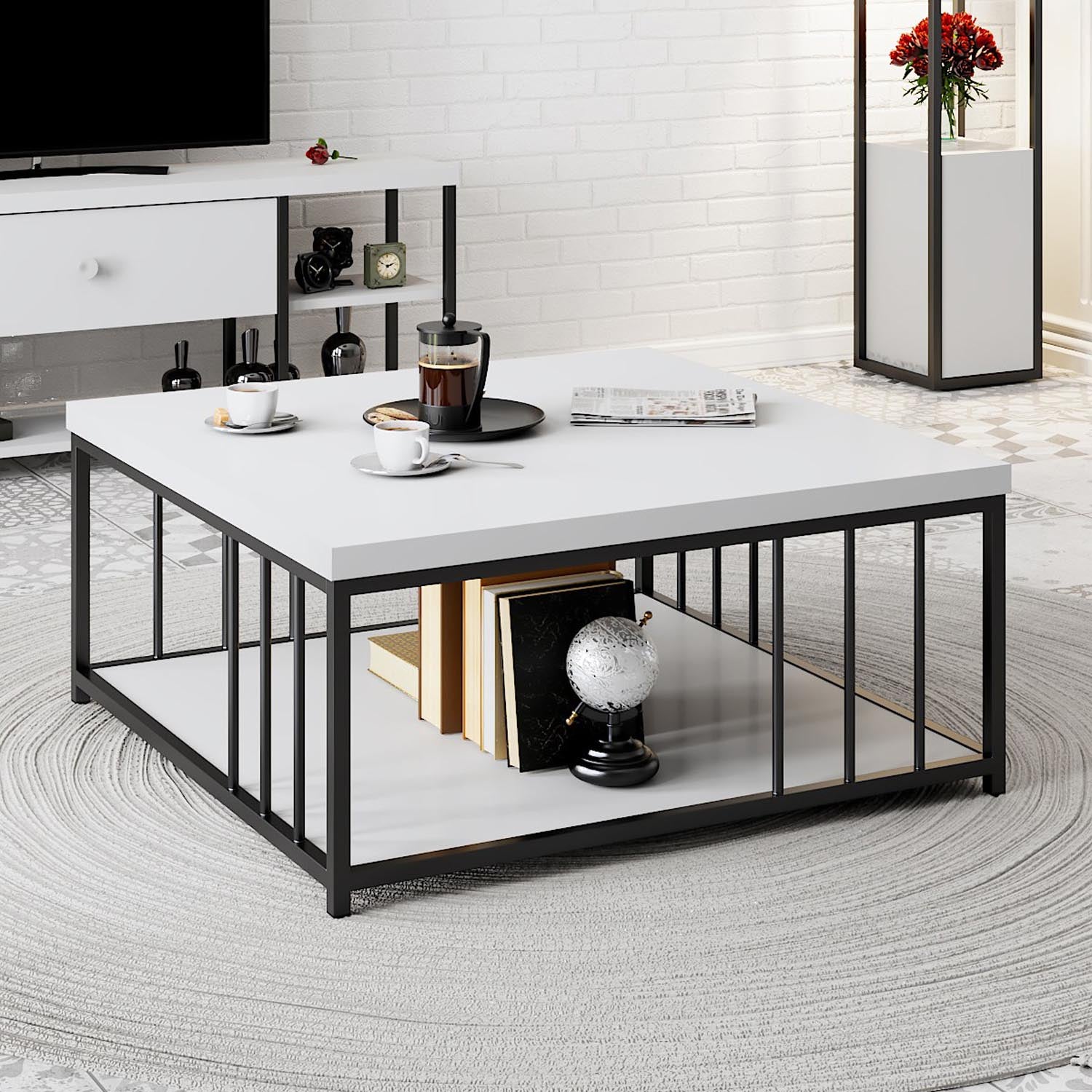 Eleganter Zenn Sofatisch in Weiß Schwarz von Hanah Home. Hochwertige Verarbeitung, modernes Design und zeitlose Eleganz für Ihr Wohnzimmer.