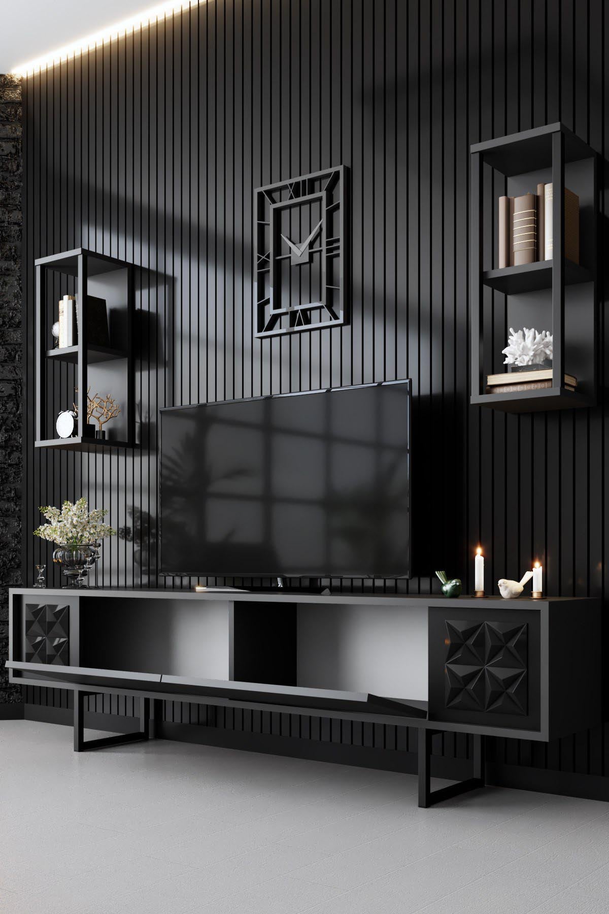 Gestalten Sie Ihr Wohnzimmer neu mit dem stilvollen TV-Ständer Black Line - Anthracite, Black von Hanah Home. Eleganz trifft Funktionalität!