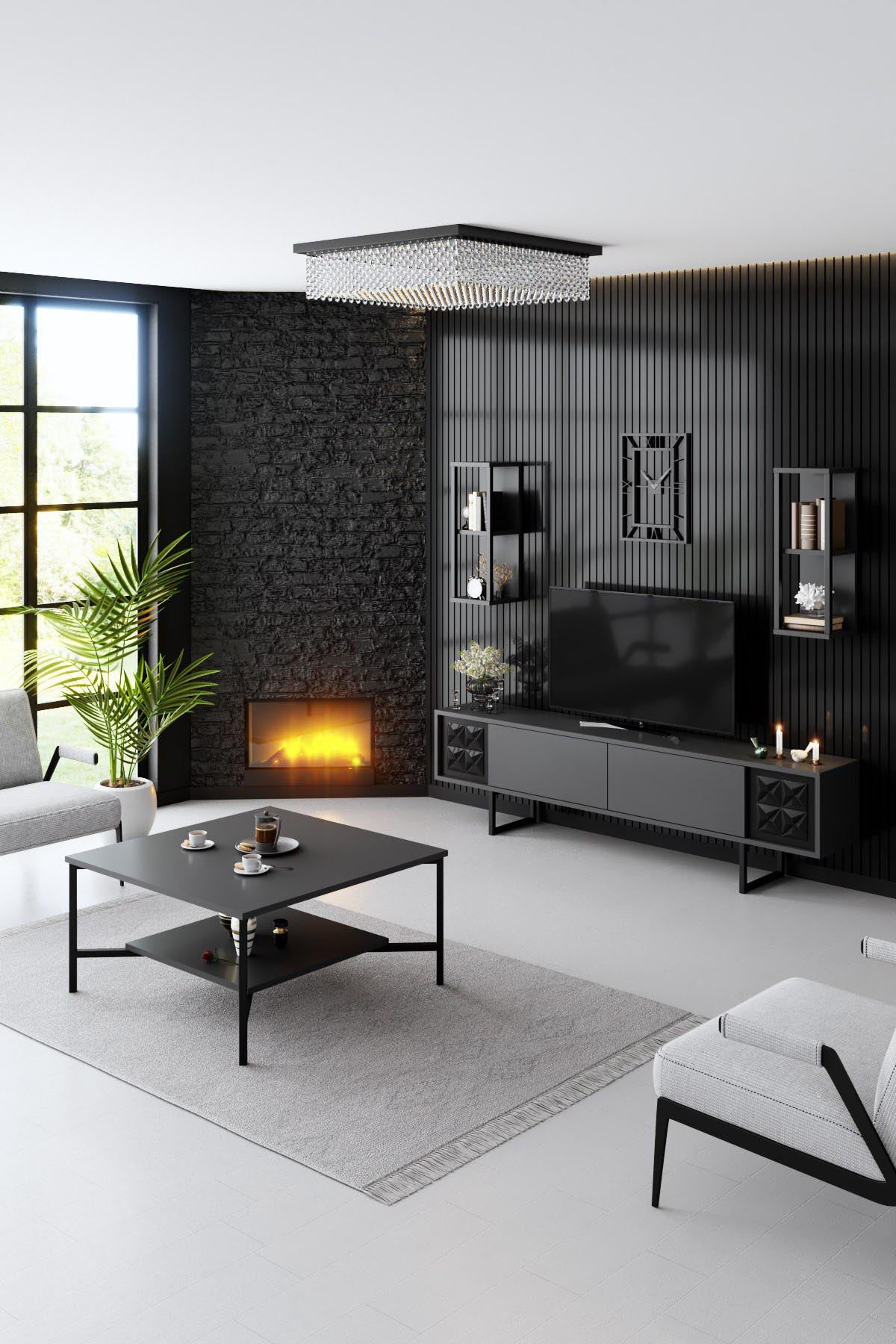 Gestalten Sie Ihr Wohnzimmer neu mit dem stilvollen TV-Ständer Black Line - Anthracite, Black von Hanah Home. Eleganz trifft Funktionalität!
