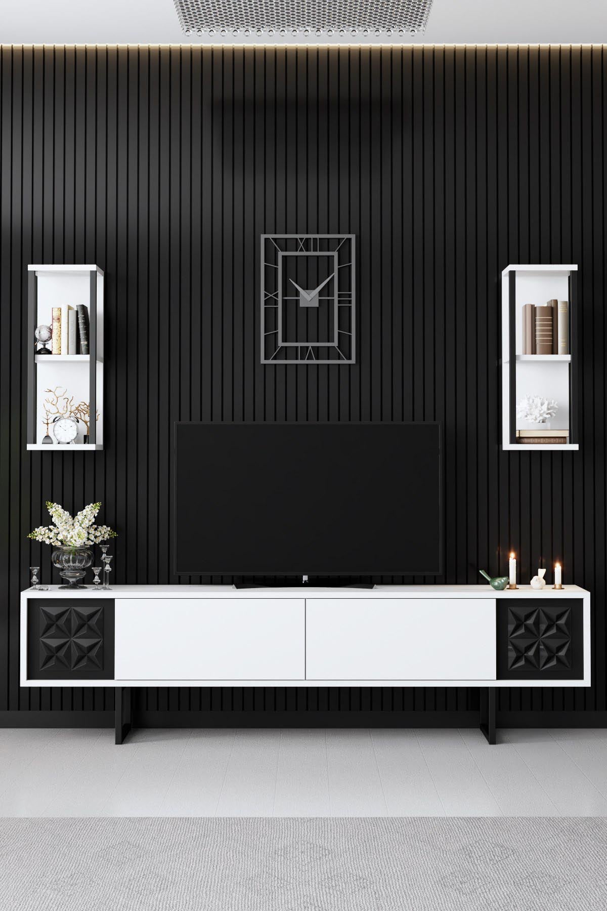 Verleihen Sie Ihrem Wohnzimmer mit dem Black Line - White, Black von Hanah Home einen modernen Akzent. Funktionalität trifft auf elegantes Design!