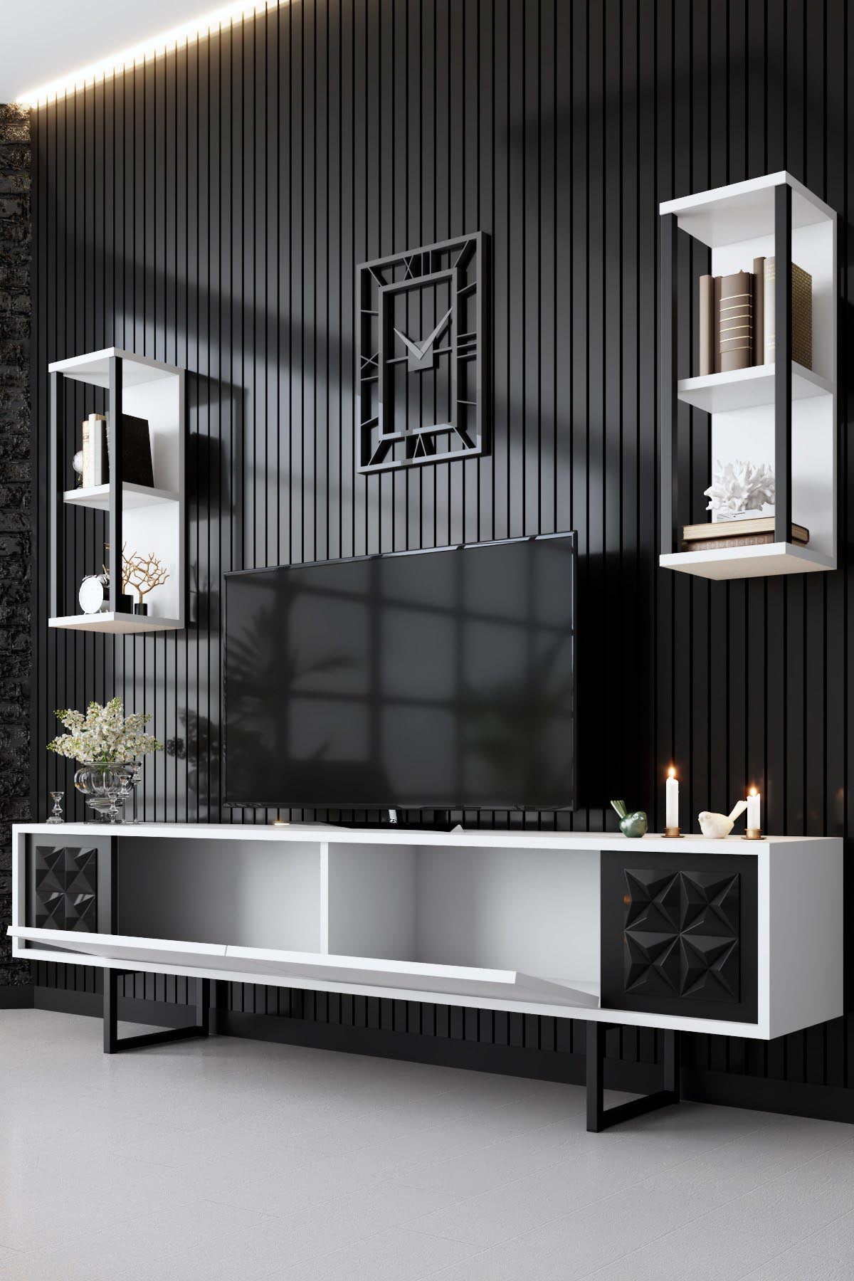 Gestalten Sie Ihr Wohnzimmer stilvoll mit dem Black Line - White, Black TV-Möbel von Hanah Home. Modernes Design und praktische Funktionalität vereinen sich!