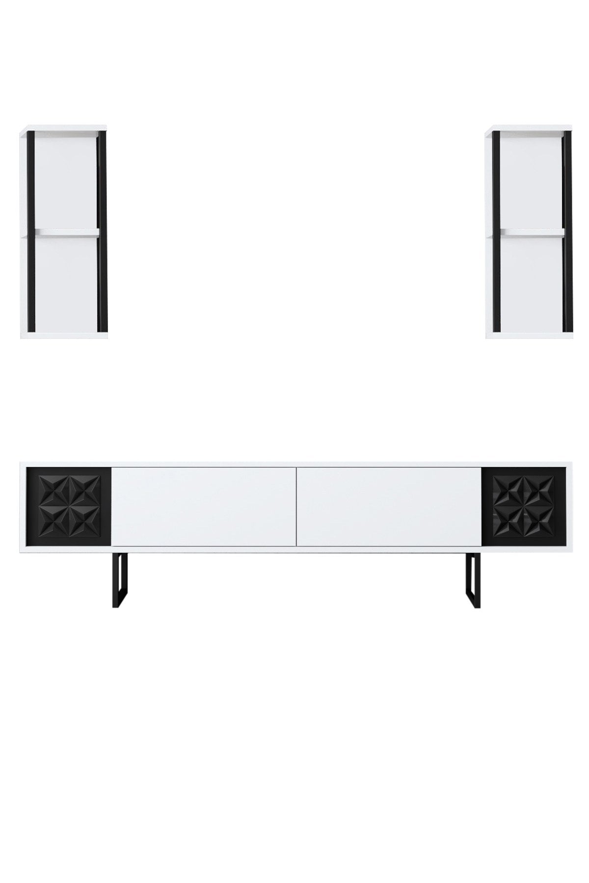 Gestalten Sie Ihr Wohnzimmer neu mit dem eleganten Black Line - White, Black TV-Möbel von Hanah Home. Modernes Design und viel Stauraum vereinen sich hier!