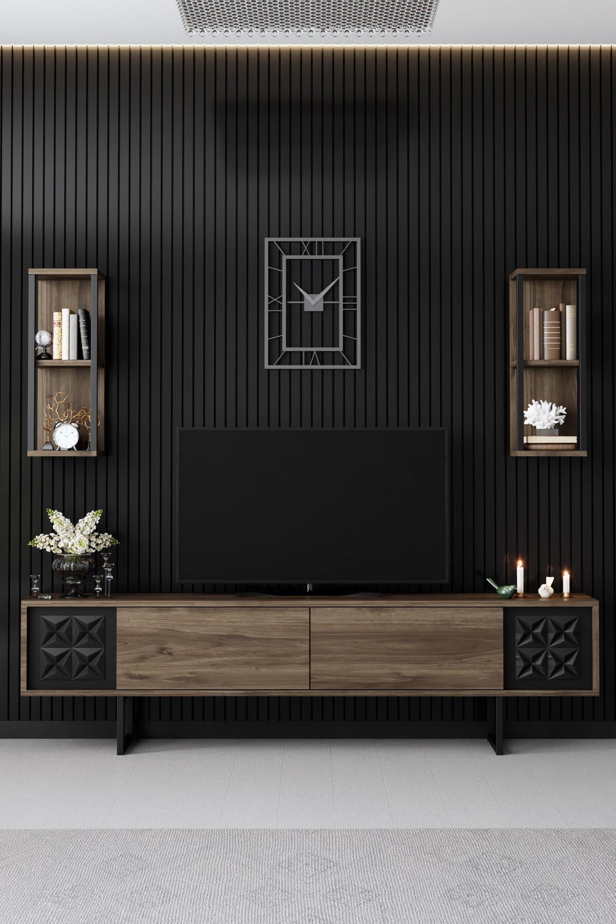 Verleihen Sie Ihrem Wohnzimmer mit dem Black Line TV-Element von Hanah Home einen modernen Akzent. Funktionalität und Eleganz in perfekter Harmonie.