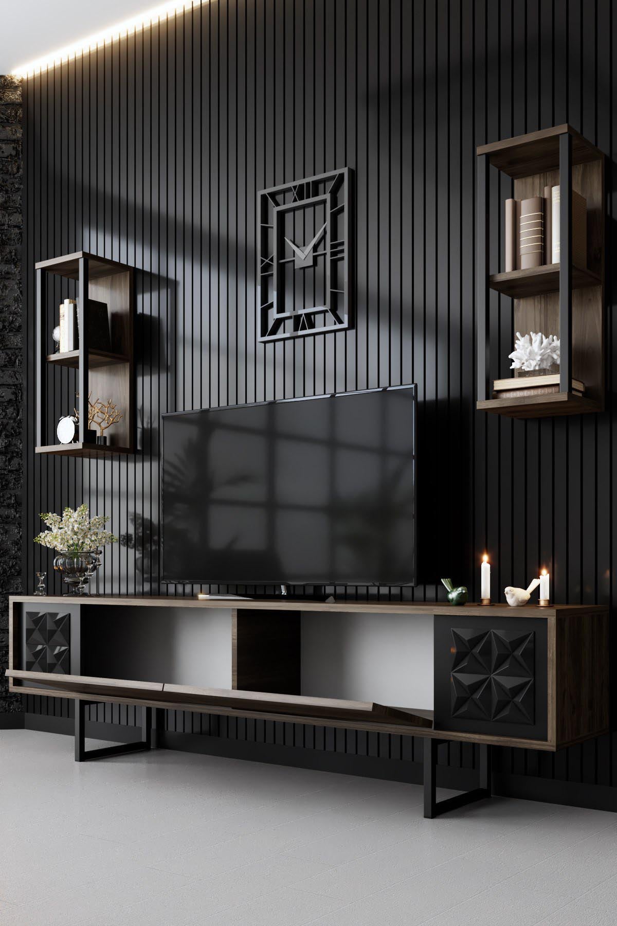 Entdecken Sie das Black Line TV-Element von Hanah Home: Stilvolles Design in Walnuss und Schwarz, ideal für modernen Wohnkomfort.