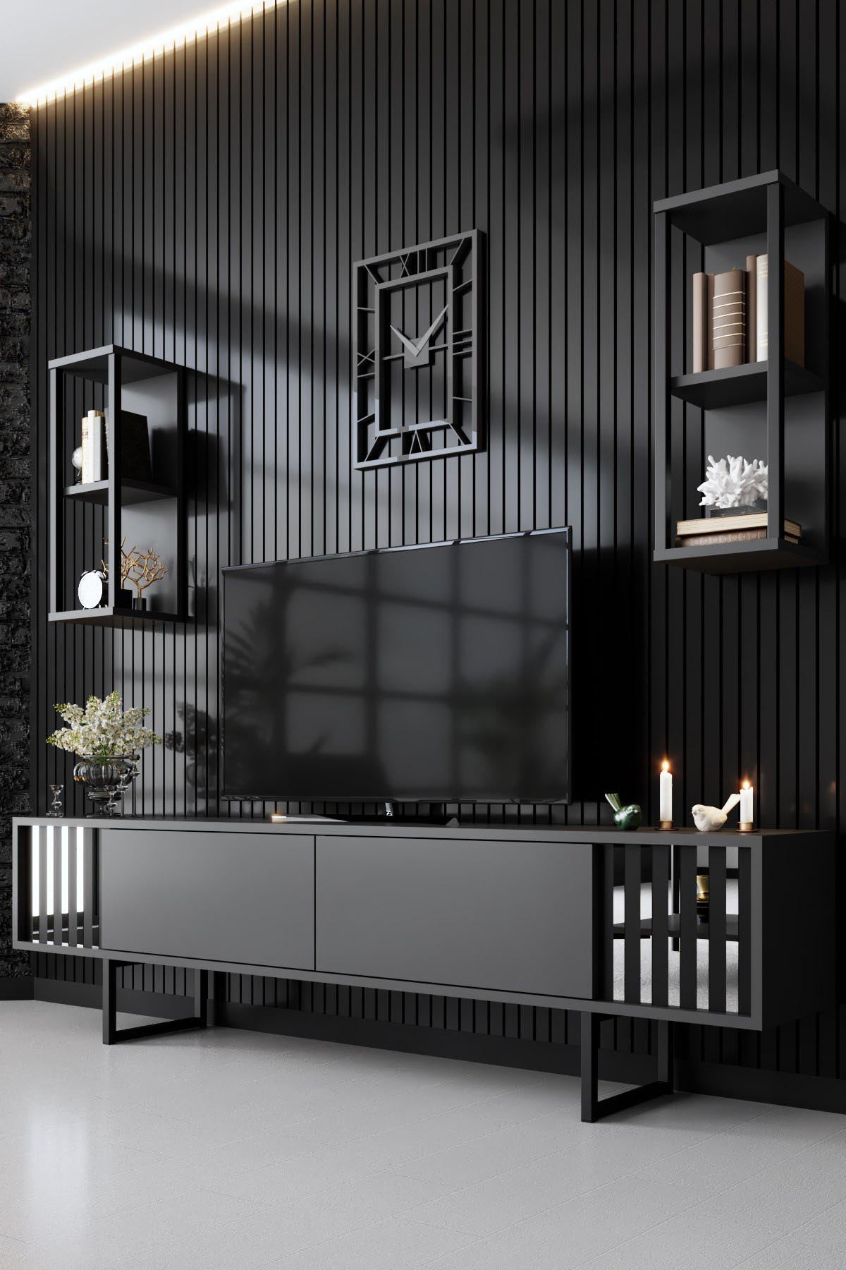 Entdecken Sie das elegante TV-Möbel Chrome Line in Anthrazit Schwarz von Hanah Home. Stilvolles Design trifft auf praktischen Stauraum für Ihr Wohnzimmer.