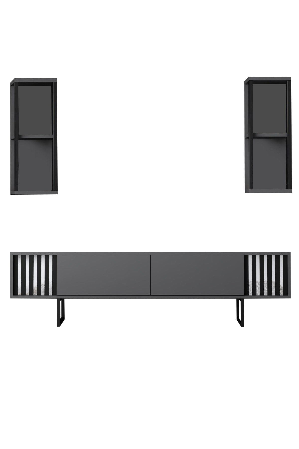 Gestalten Sie Ihr Wohnzimmer neu mit dem eleganten Chrome Line TV-Möbel in Anthrazit Schwarz von Hanah Home. Stilvolles Design trifft auf praktischen Stauraum!