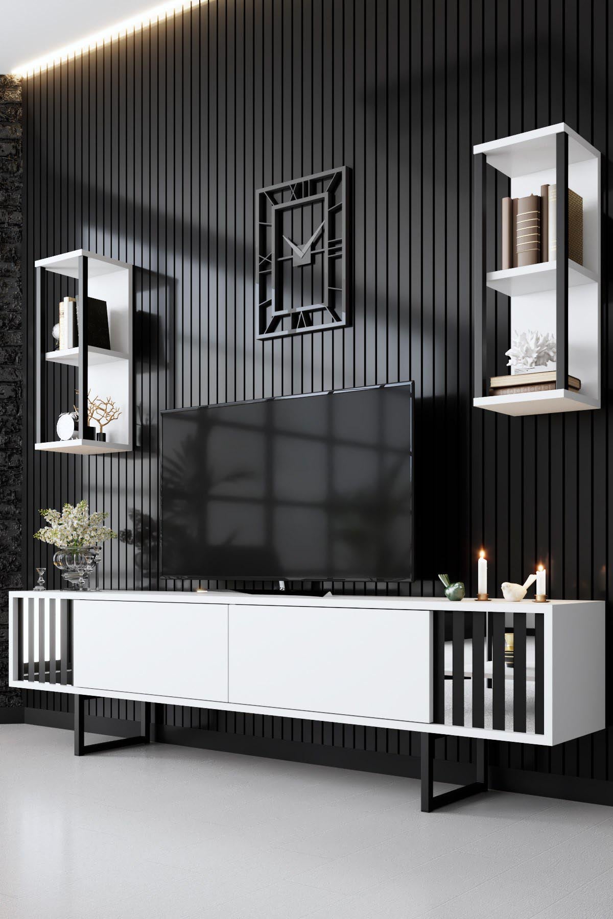 Entdecken Sie das elegante Chrome Line TV-Möbel in Weiß und Schwarz von Hanah Home. Stilvolles Design trifft auf Funktionalität für Ihr Wohnzimmer!