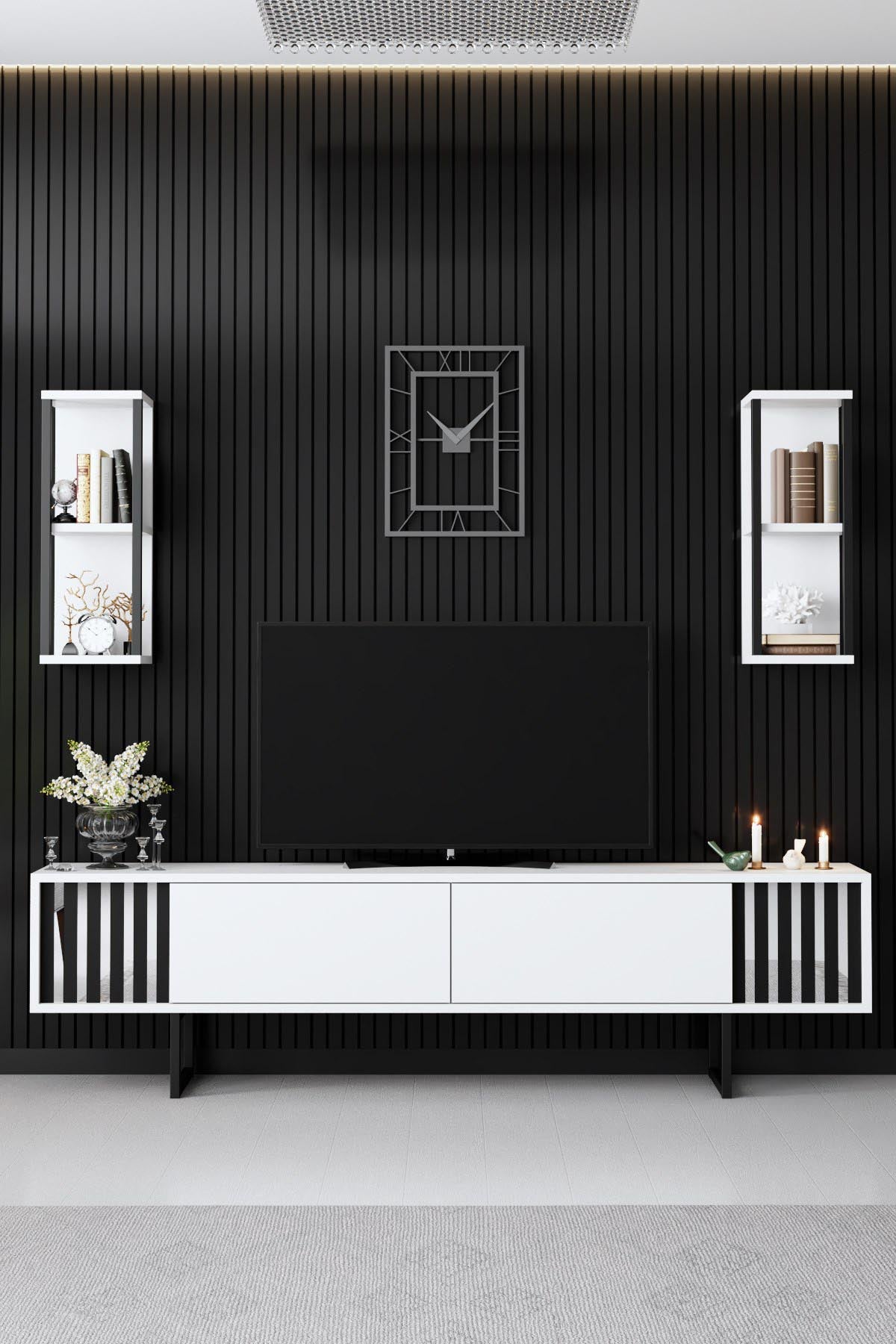 Verleihen Sie Ihrem Wohnzimmer mit dem Chrome Line TV-Möbel von Hanah Home in Weiß und Schwarz einen modernen Look. Eleganz und Funktionalität vereint!