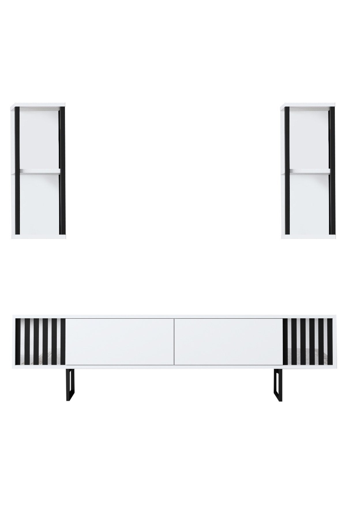 Gestalten Sie Ihr Wohnzimmer neu mit dem eleganten Chrome Line TV-Möbel von Hanah Home in Weiß und Schwarz. Stilvolles Design trifft auf praktische Funktionalität!