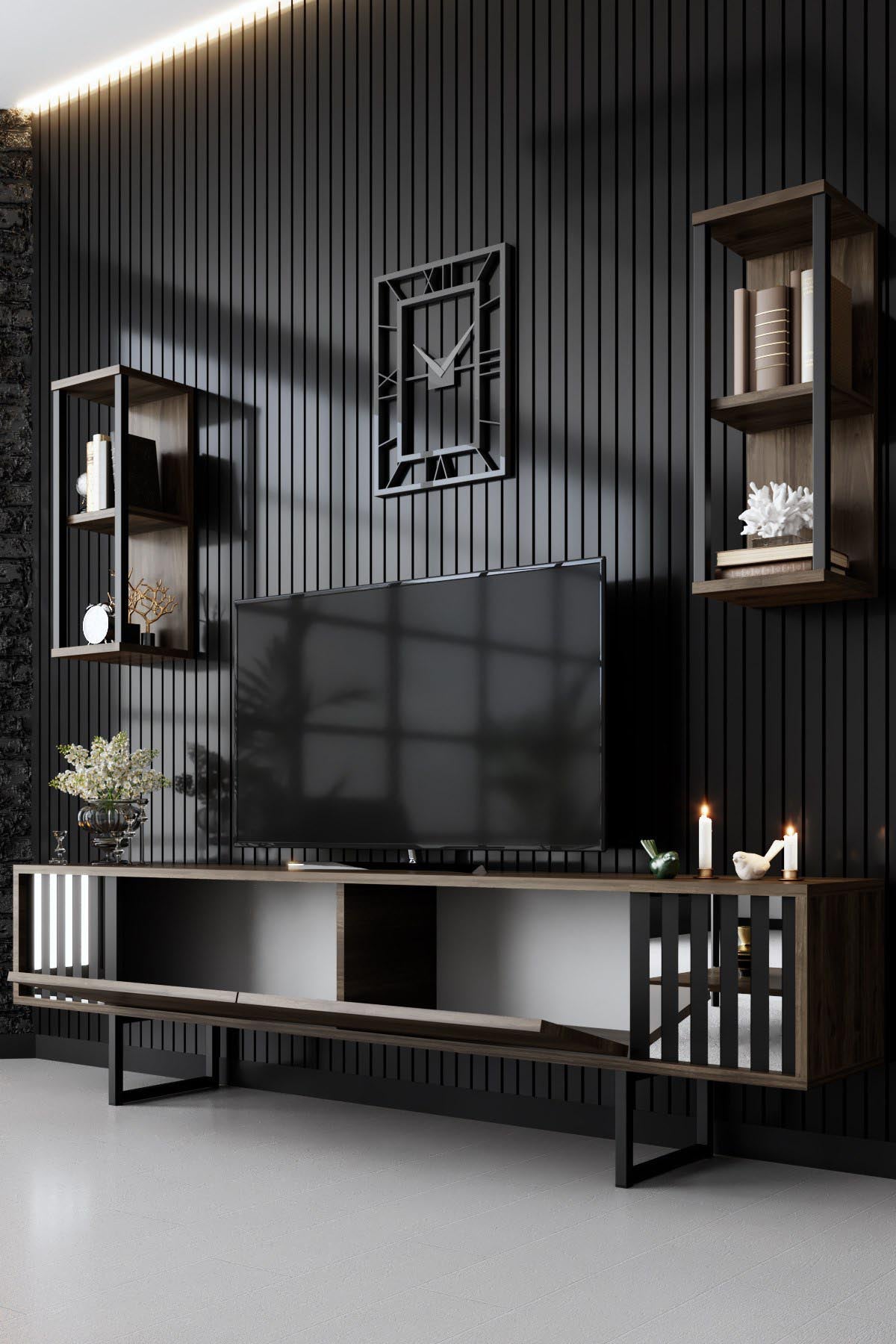 Gestalten Sie Ihr Wohnzimmer stilvoll mit dem Chrome Line TV-Möbel von Hanah Home. Elegantes Design in Walnuss Schwarz, ideal für modernen Komfort!