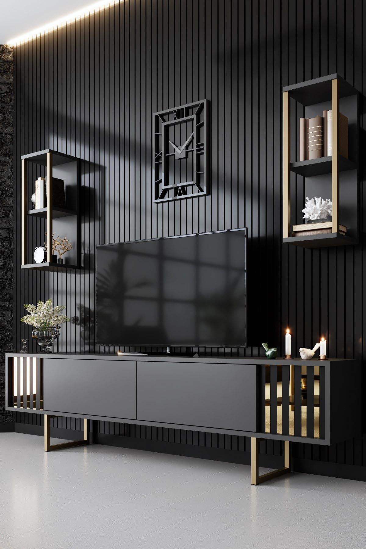 Entdecken Sie das stilvolle Gold Line TV-Möbel in Anthrazit und Schwarz von Hanah Home. Elegantes Design, hochwertige Materialien und großzügiger Stauraum für Ihr Wohnzimmer.