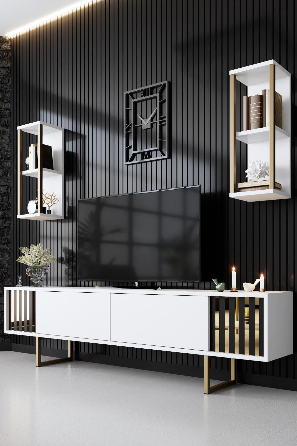 Entdecken Sie das stilvolle Gold Line - White, Black TV-Möbel von Hanah Home. Modernes Design, robust und funktional für Ihr Wohnzimmer.