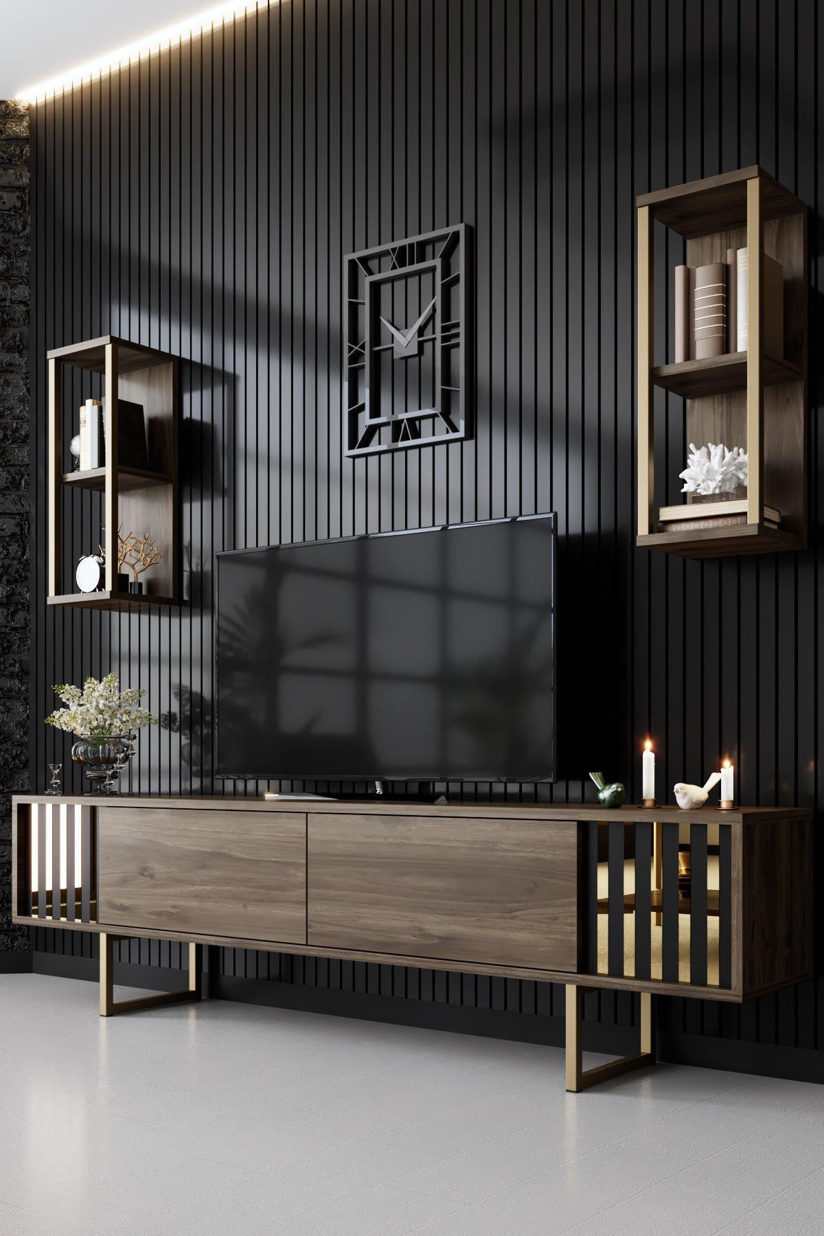 Entdecken Sie den eleganten Gold Line Couchtisch in Walnuss und Schwarz von Hanah Home – ein stilvolles Highlight für Ihr Wohnzimmer!