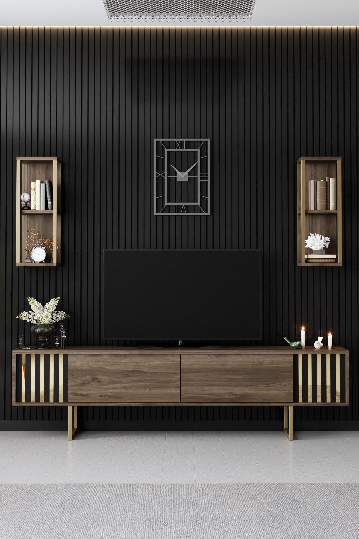 Verleihen Sie Ihrem Wohnraum mit dem Gold Line Couchtisch in Walnuss und Schwarz von Hanah Home einen Hauch von Eleganz und Funktionalität!