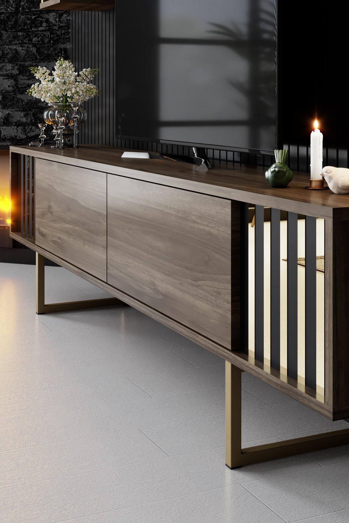 Verleihen Sie Ihrem Wohnraum mit dem Gold Line Couchtisch in Walnuss und Schwarz von Hanah Home einen Hauch von Eleganz und Funktionalität!