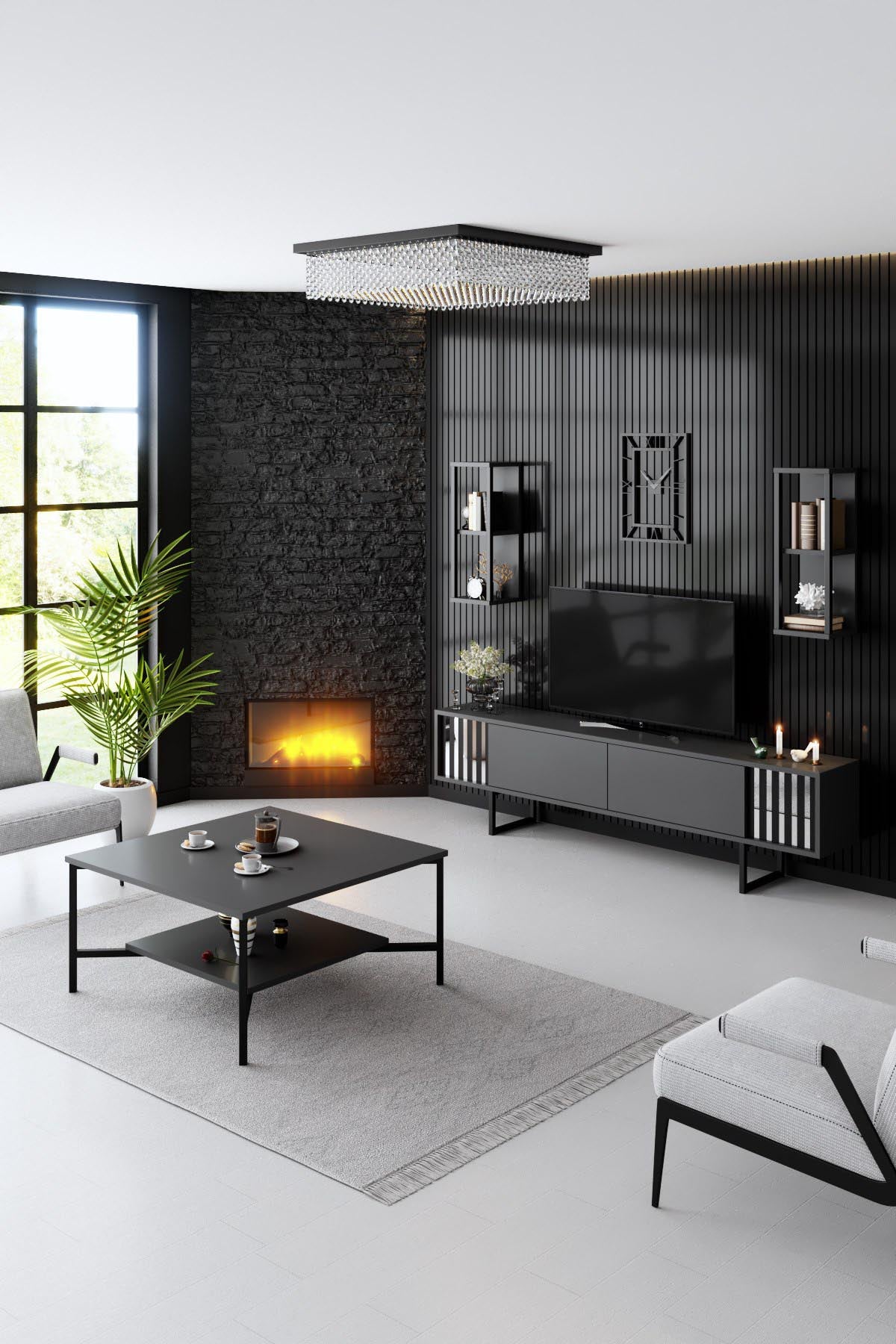 Verleihen Sie Ihrem Wohnzimmer mit dem TV-Ständer Black Line - Anthracite, Black von Hanah Home einen modernen Akzent. Elegantes Design und praktischer Stauraum.