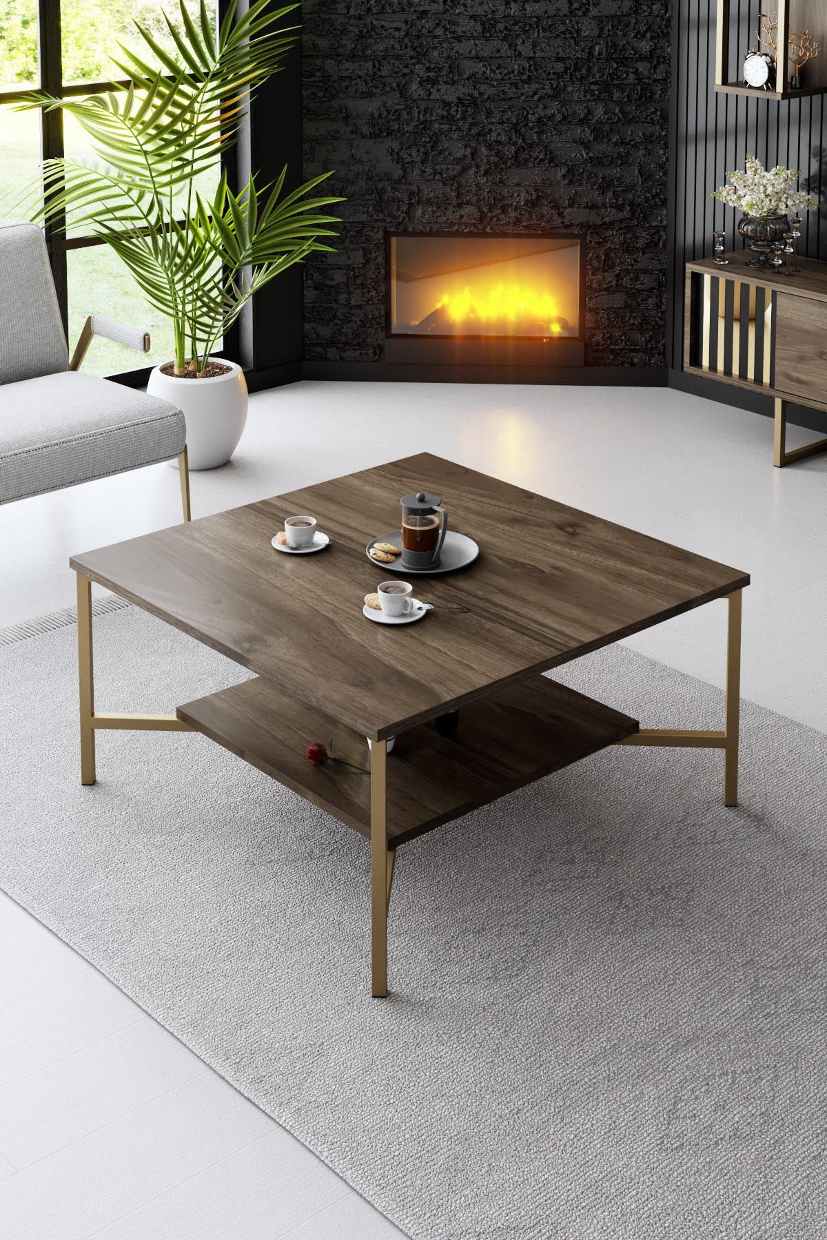 Entdecken Sie den eleganten Gold Line Couchtisch in Walnuss und Schwarz von Hanah Home – stilvoll, robust und funktional für Ihr Zuhause.