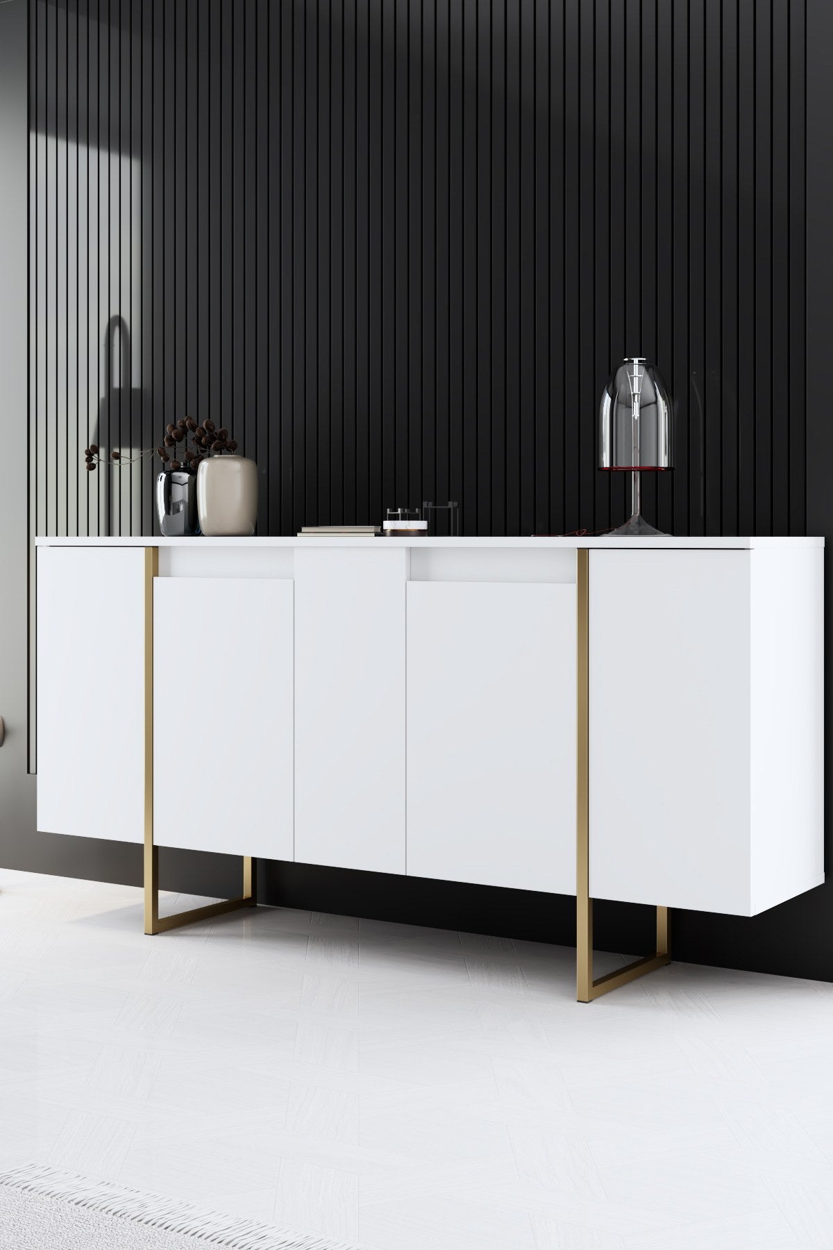 Entdecken Sie den eleganten TV-Ständer Luxe - White, Gold von Hanah Home. Stilvolles Design, hochwertige Materialien und viel Platz für Ihre Technik.