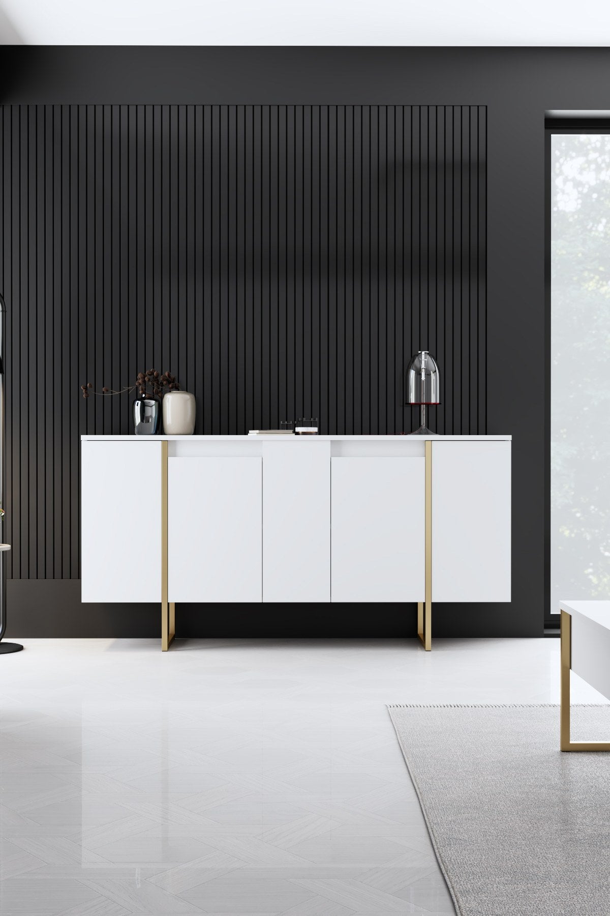 Entdecken Sie den TV-Ständer Luxe - White, Gold von Hanah Home: Stilvolles Design, langlebige Materialien und viel Platz für Ihre Mediengeräte.