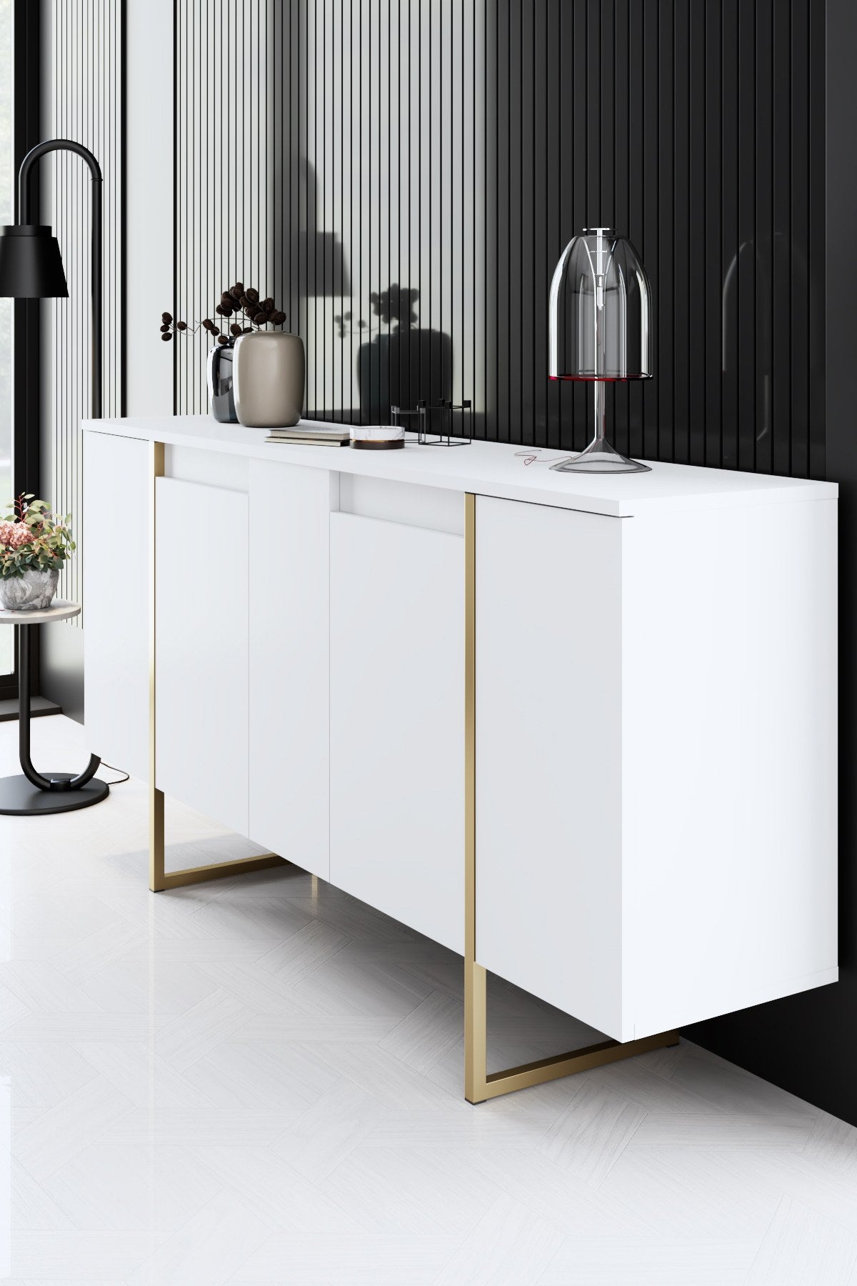 Verleihen Sie Ihrem Wohnzimmer mit dem eleganten TV-Ständer Luxe - White, Gold von Hanah Home einen Hauch von Luxus. Stil und Funktionalität vereint!