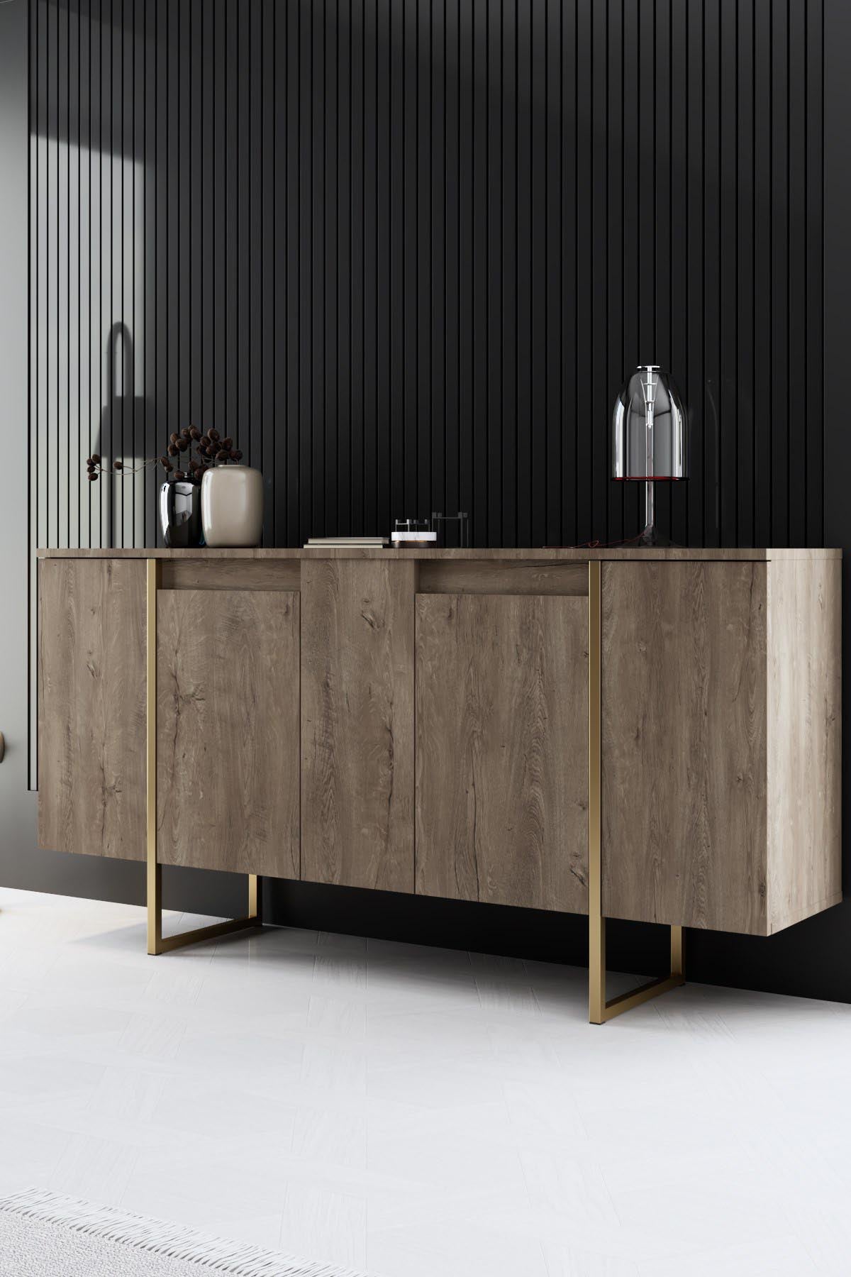 Entdecken Sie den eleganten TV-Ständer Luxe - Walnut, Gold von Hanah Home. Stilvolles Design trifft auf höchste Qualität für Ihr Wohnzimmer.