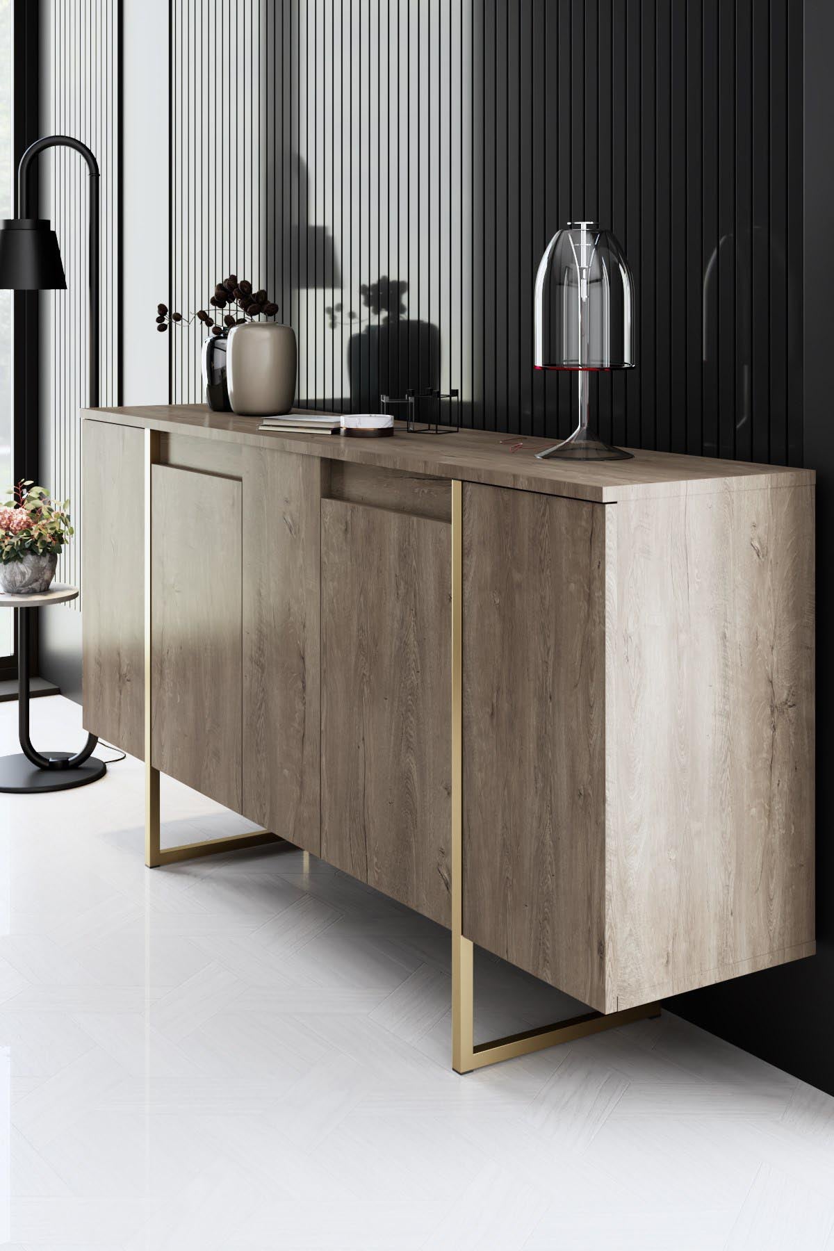 Verleihen Sie Ihrem Wohnraum mit dem luxuriösen TV-Ständer Luxe - Walnut, Gold von Hanah Home einen Hauch von Eleganz und Stil. Hochwertige Materialien und durchdachtes Design.