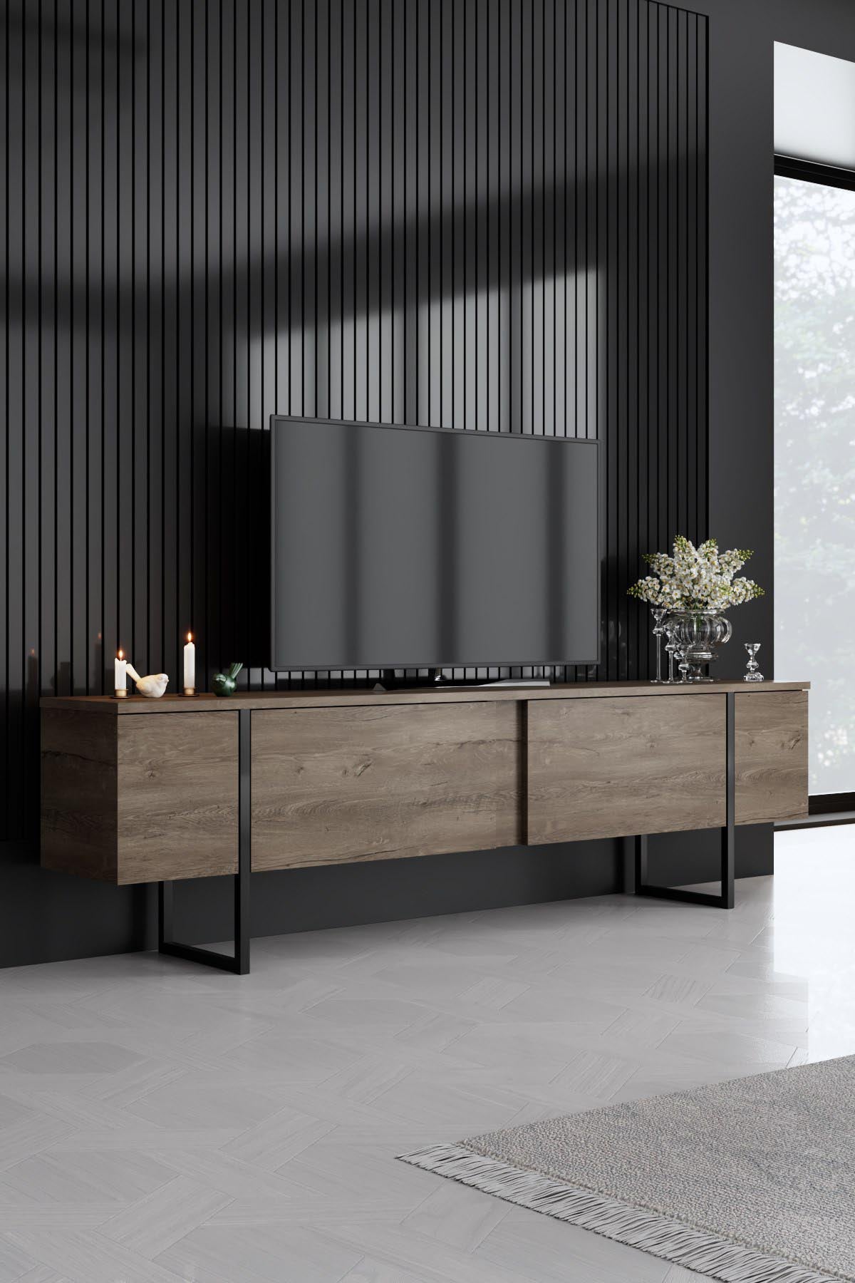 Verleihen Sie Ihrem Wohnzimmer mit dem Luxe - Walnut, Black TV-Ständer von Hanah Home einen Hauch von Eleganz. Funktionalität trifft auf stilvolles Design!