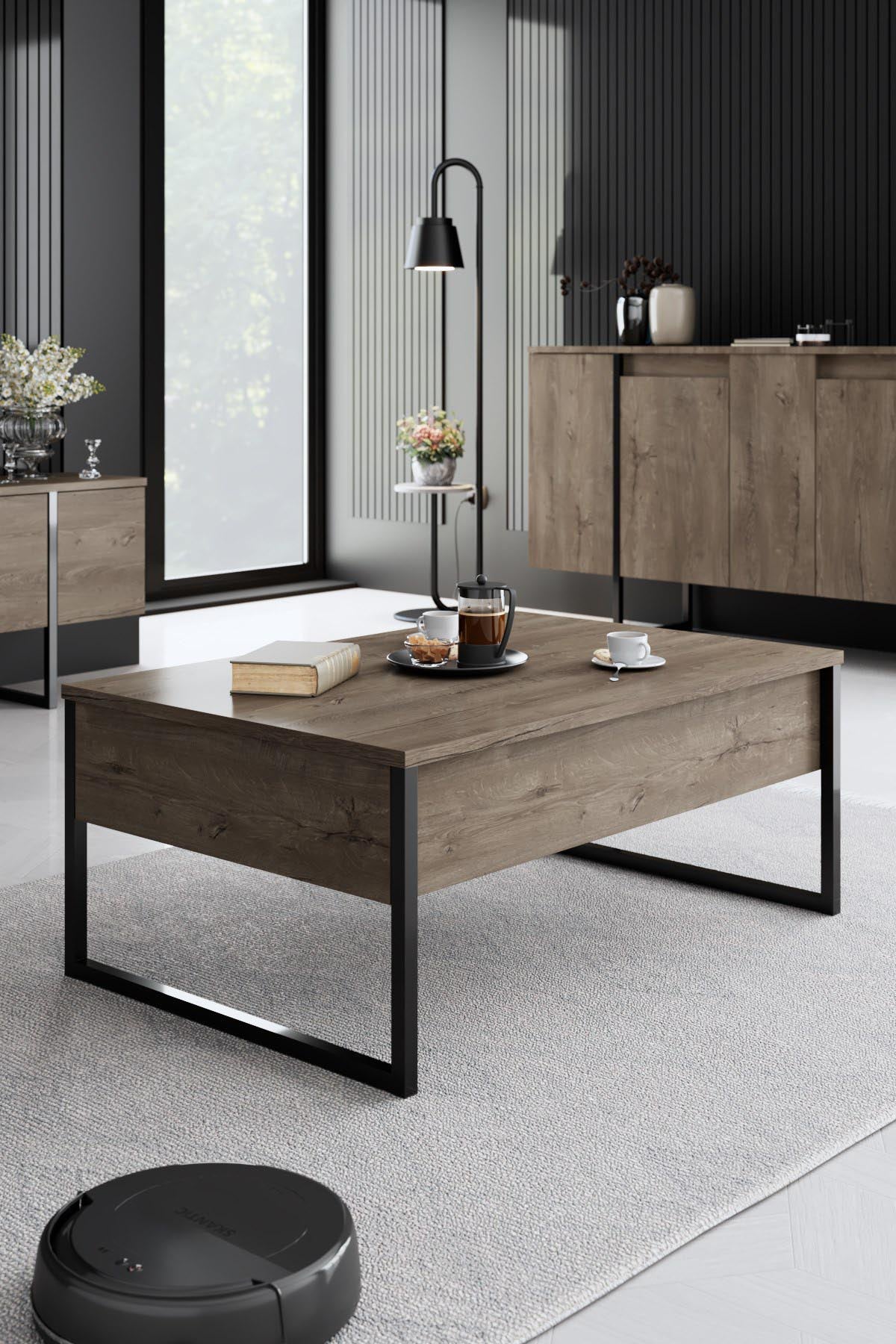 Verleihen Sie Ihrem Wohnraum mit dem eleganten TV-Ständer Luxe - Walnut, Black von Hanah Home einen Hauch von Stil und Funktionalität. Ideal für Ordnung und Ästhetik!