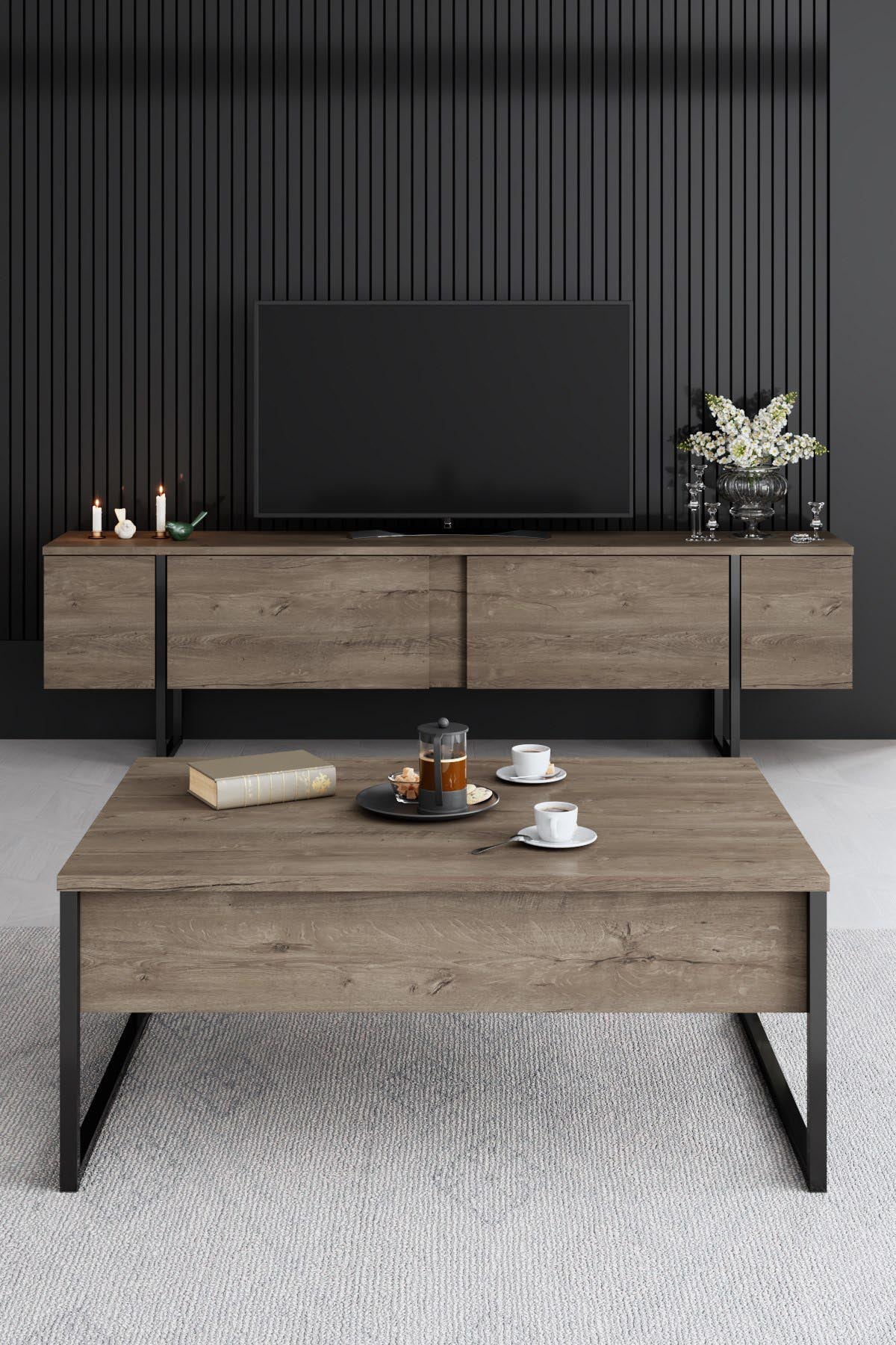 Luxe - Walnut, Black in Walnuss Schwarz präsentiert im Onlineshop von KAQTU Design AG. Wohnzimmerset ist von Hanah Home