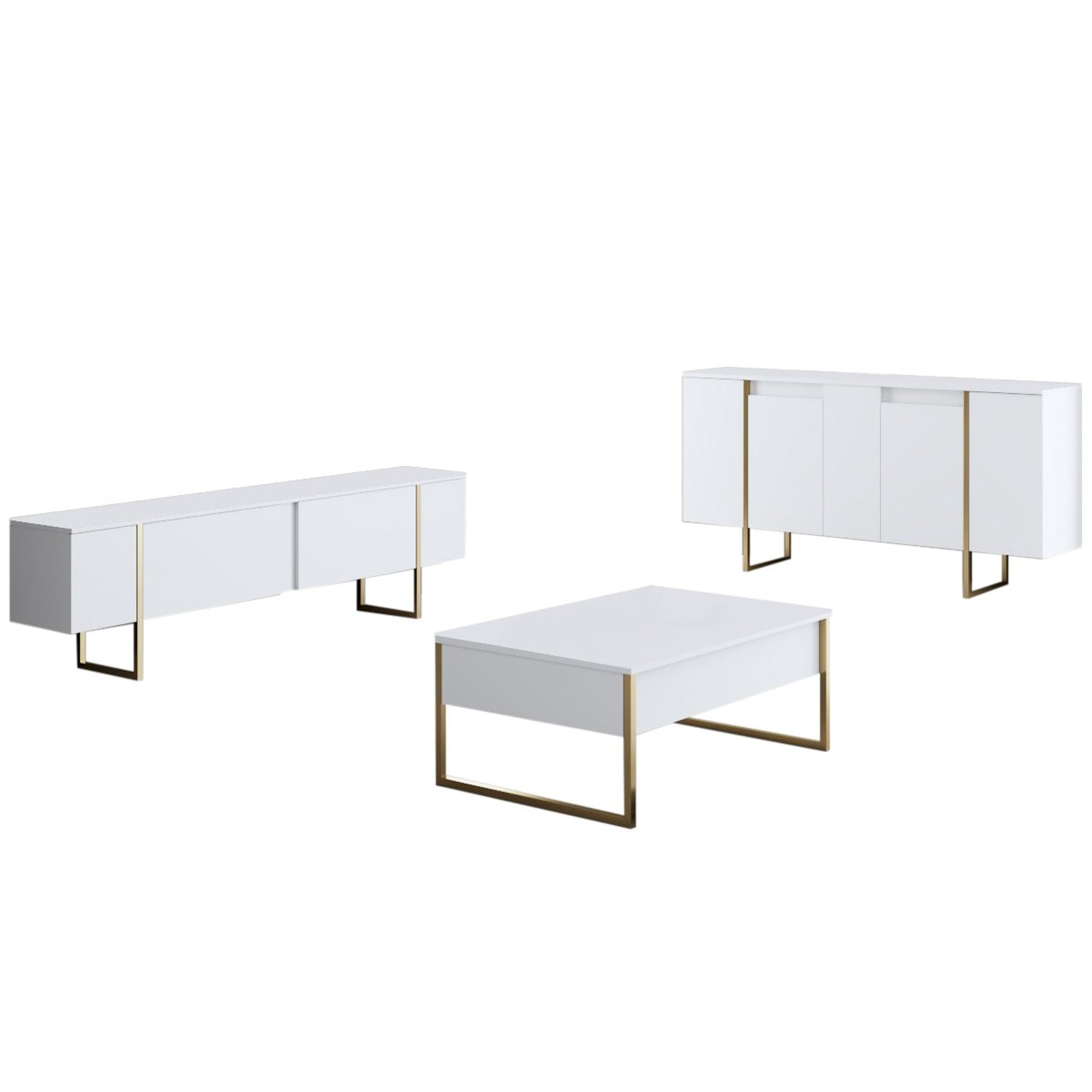 Entdecken Sie den luxuriösen TV-Ständer Luxe - White, Gold von Hanah Home. Stilvolles Design und praktische Funktionalität für Ihr modernes Zuhause.