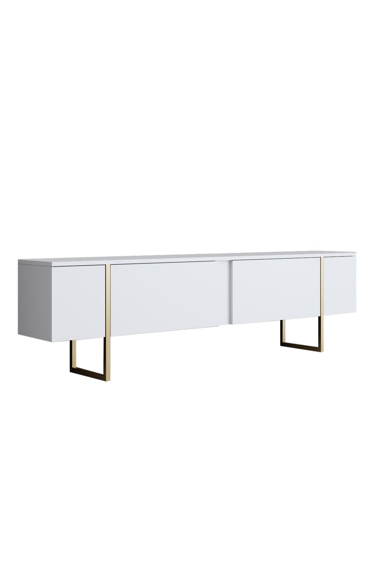 Verleihen Sie Ihrem Wohnzimmer mit dem eleganten TV-Ständer Luxe - White, Gold von Hanah Home einen Hauch von Luxus und Stil. Ideal für moderne Wohnräume.
