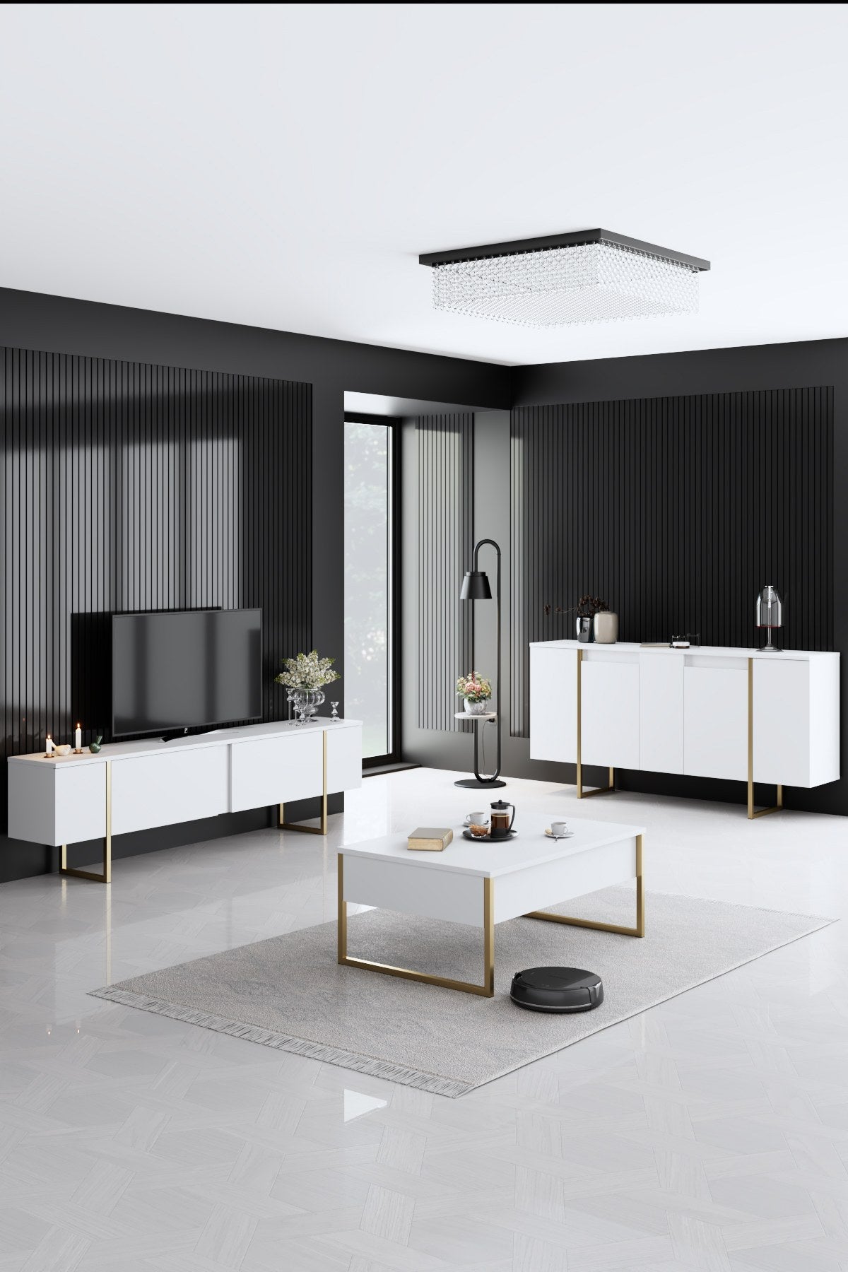 Entdecken Sie den eleganten TV-Ständer Luxe - White, Gold von Hanah Home. Stilvolles Design, hochwertige Materialien und viel Platz für Ihre Technik.
