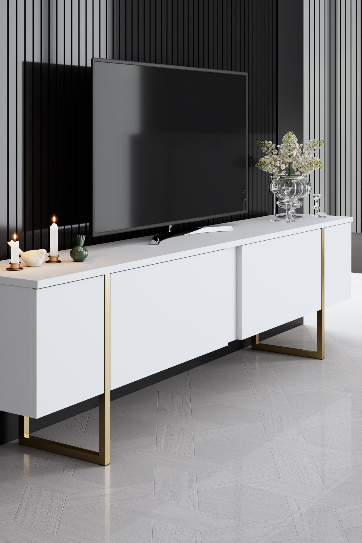 Entdecken Sie den luxuriösen TV-Ständer Luxe - White, Gold von Hanah Home. Stilvolles Design und praktische Funktionalität für Ihr Zuhause.