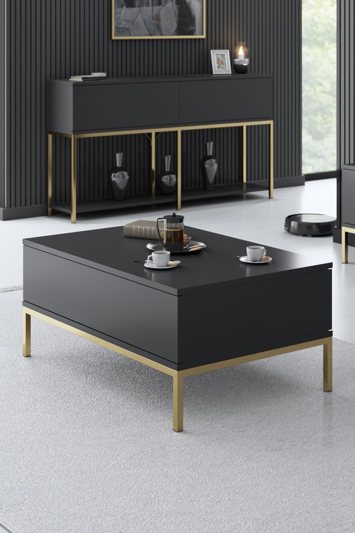 Entdecken Sie den Lord Sofatisch in Anthrazit und Gold von Hanah Home – ein elegantes Möbelstück, das Stil und Funktionalität vereint.