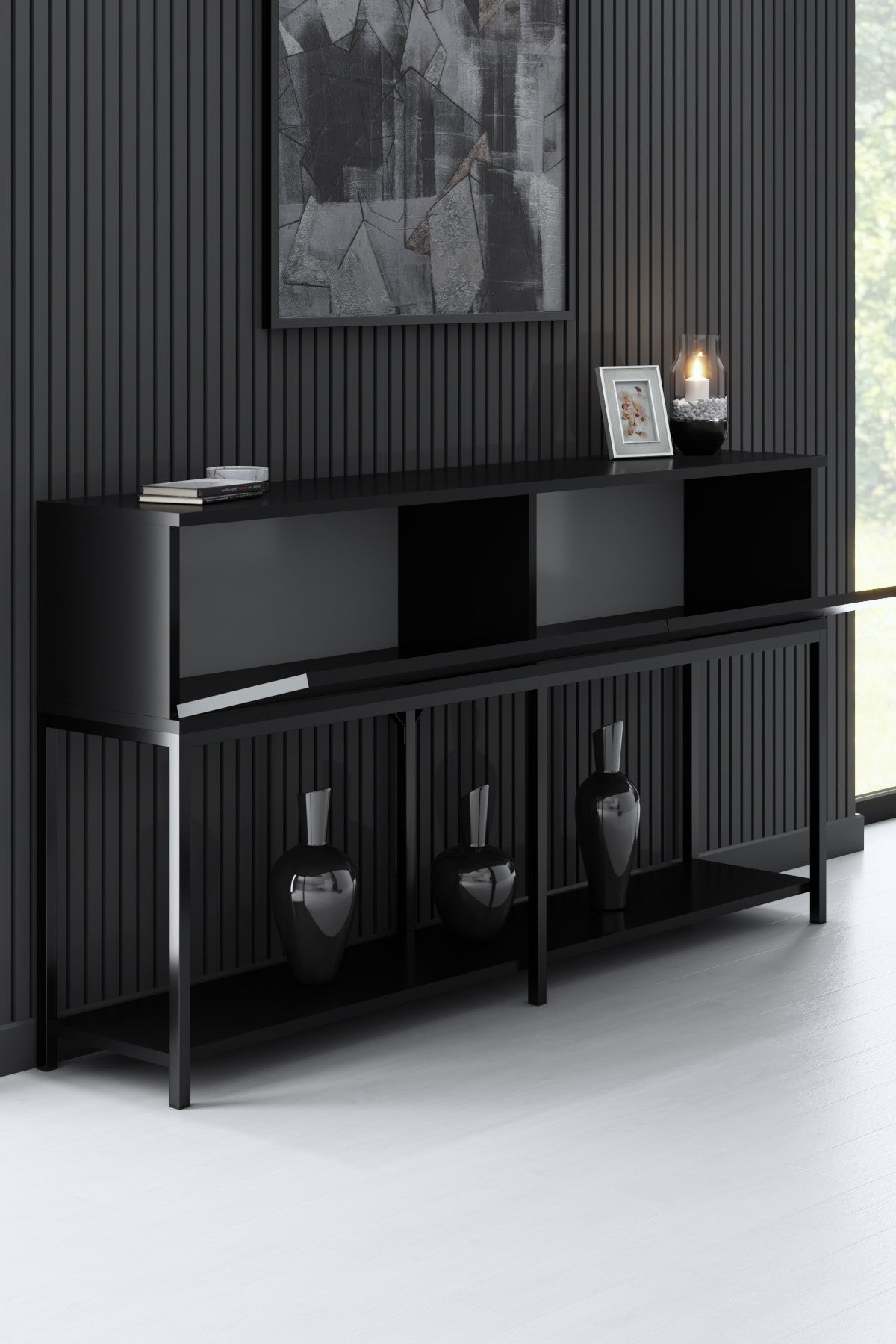 Erleben Sie den Lord - Black TV-Ständer von Hanah Home: Eleganz trifft Funktionalität für Ihr Wohnzimmer. Hochwertig, modern und vielseitig!