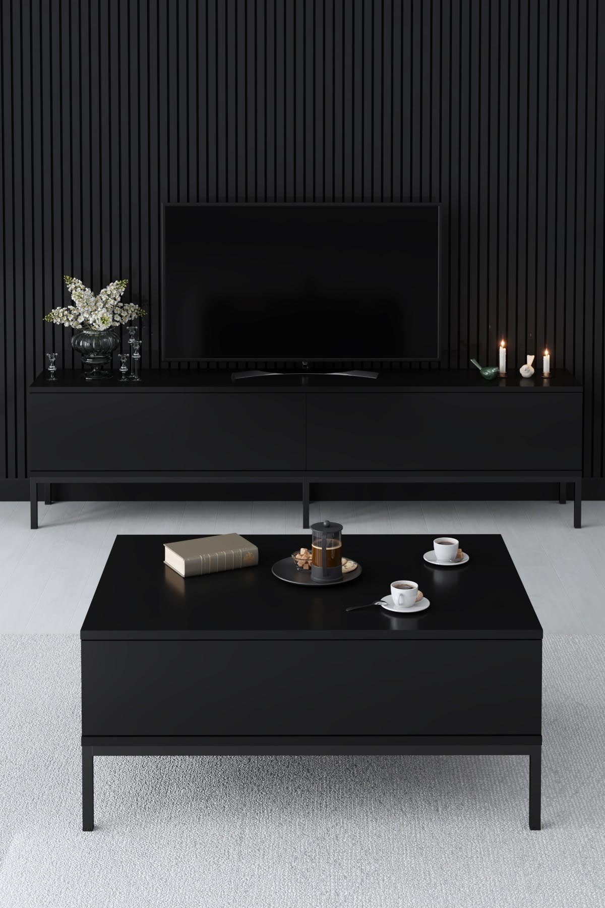 Entdecken Sie den Lord - Black TV-Ständer von Hanah Home: Eleganz trifft Funktionalität mit robustem Design und viel Platz für Ihre Medien.
