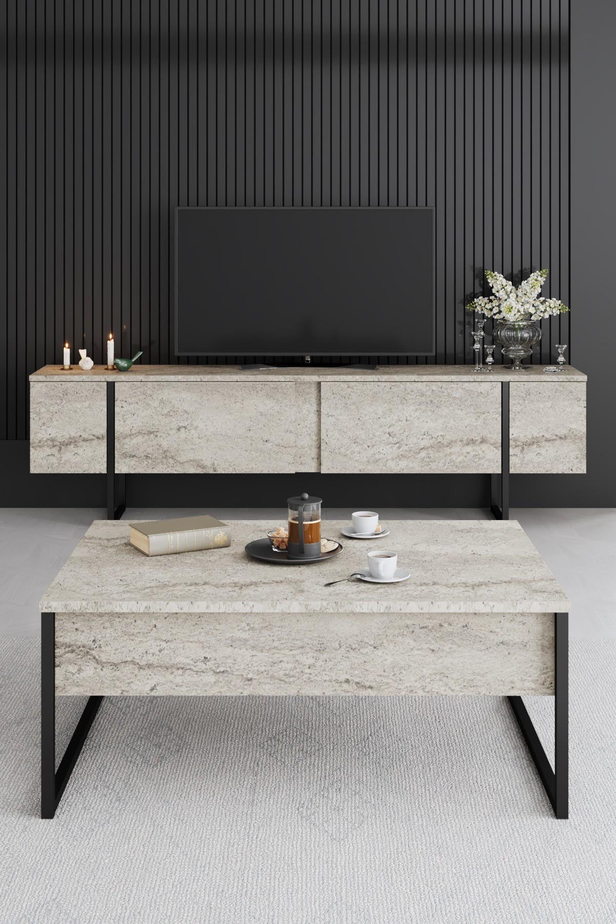 Gestalten Sie Ihr Wohnzimmer stilvoll mit dem Luxe - Travertine, Black TV-Stand von Hanah Home. Eleganz trifft auf Funktionalität in diesem zeitlosen Möbelstück.