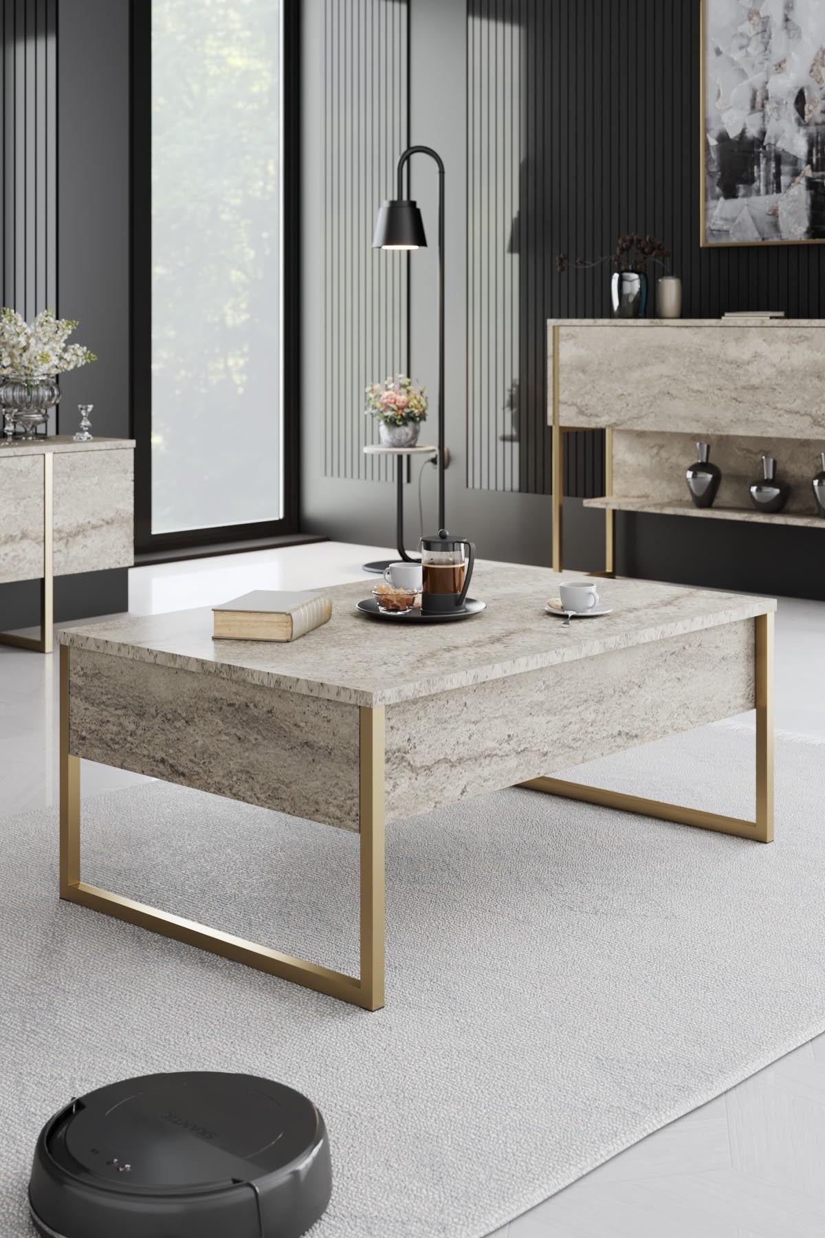 Entdecken Sie den eleganten TV-Stand Luxe in Travertin und Gold von Hanah Home – der perfekte Mix aus Stil und Funktionalität für Ihr Wohnzimmer.