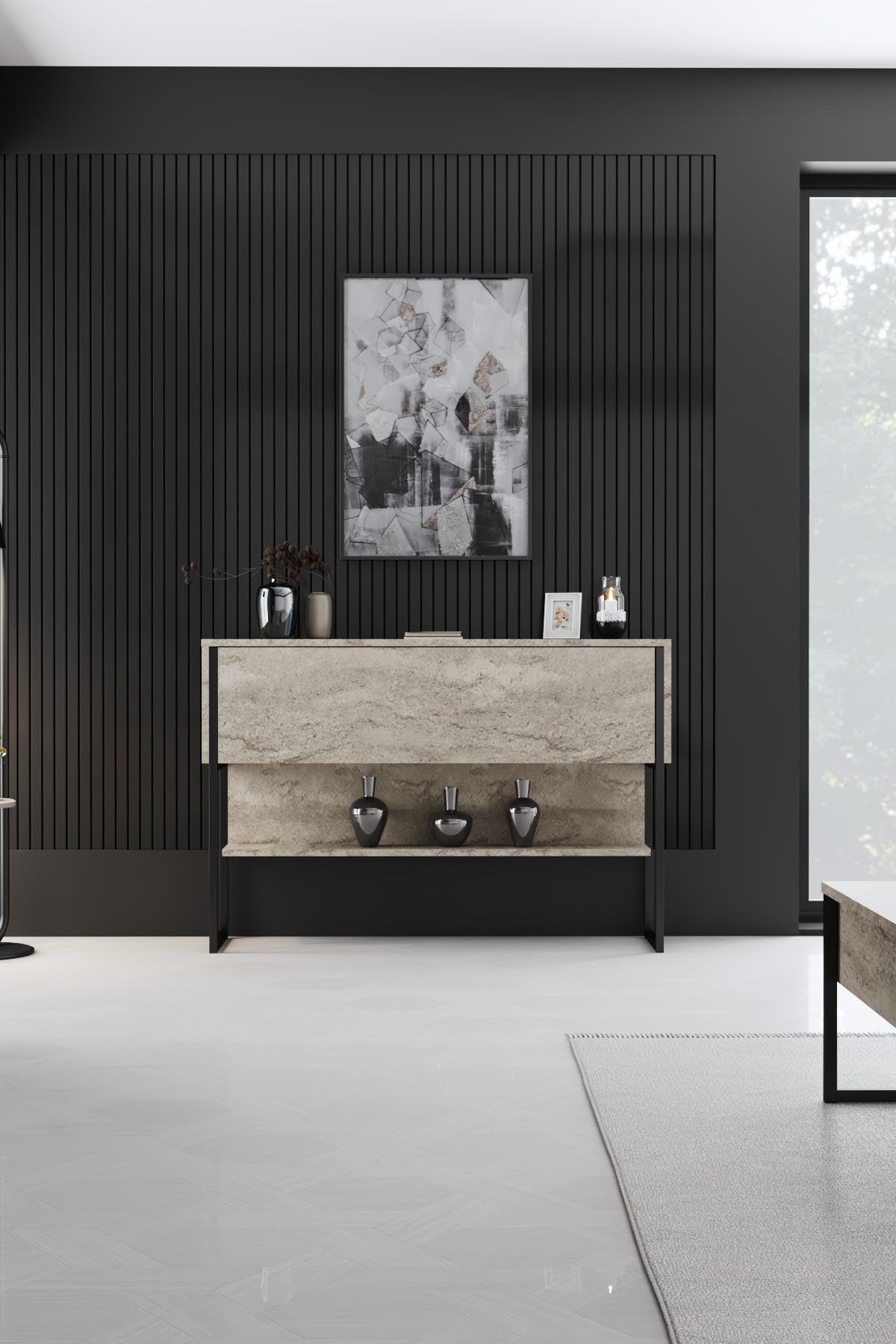 Gestalten Sie Ihr Wohnzimmer stilvoll mit dem Luxe - Travertine, Black TV-Stand von Hanah Home. Eleganz und Funktionalität vereint in einem zeitlosen Möbelstück.