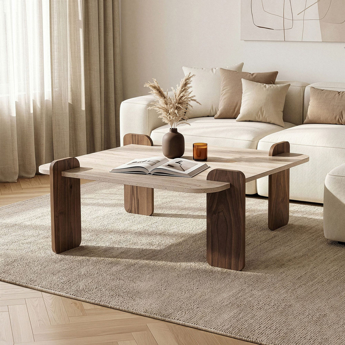Couchtisch mit Tischplatte in Travertin-Optik und Untergestell in Venezia-Nussbaum-Optik aus melaminbeschichteter Spanplatte, 117 x 117 x 35 cm.