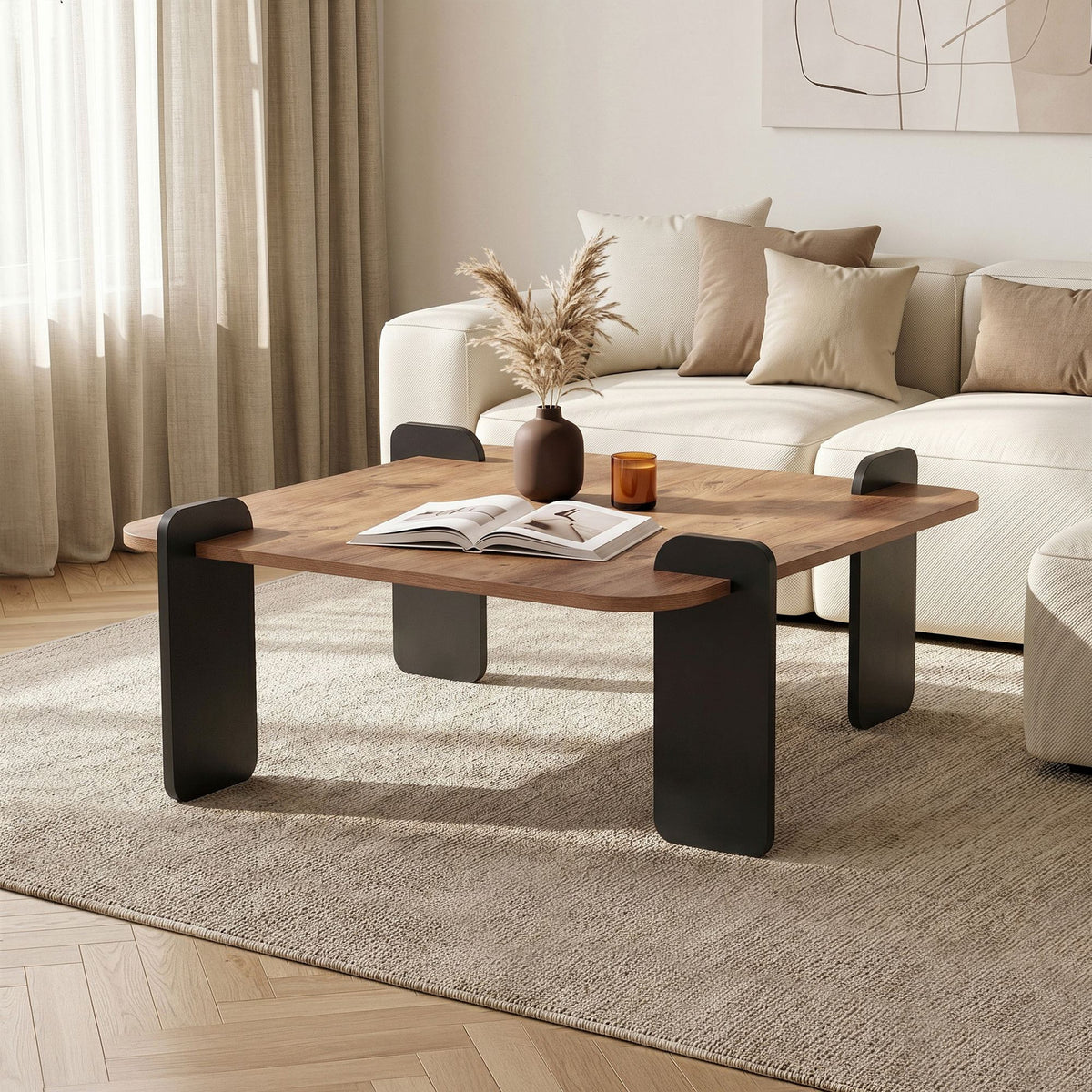 Quadratischer Couchtisch aus melaminbeschichteter Spanplatte in Atlantik-Kiefer und Anthrazit, Masse 117 x 117 x 35 cm.