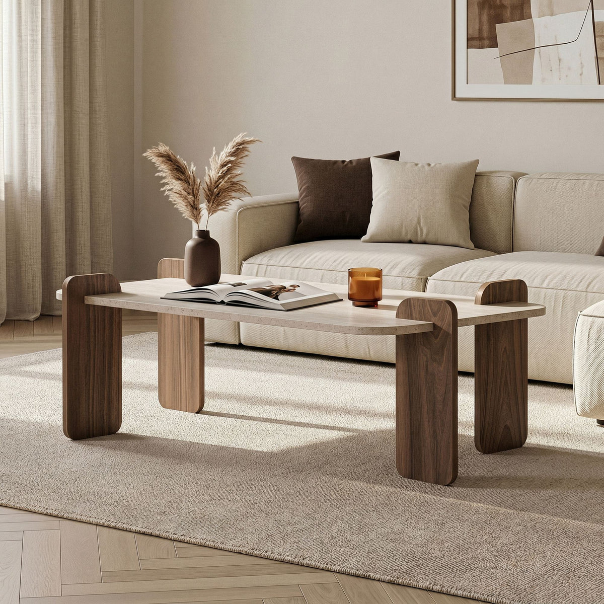 Couchtisch Renard von Nordure mit rechteckiger Tischplatte in Travertin-Optik und Untergestell in Nussbaum-Venezia-Farbe, Melaminspanplatte.