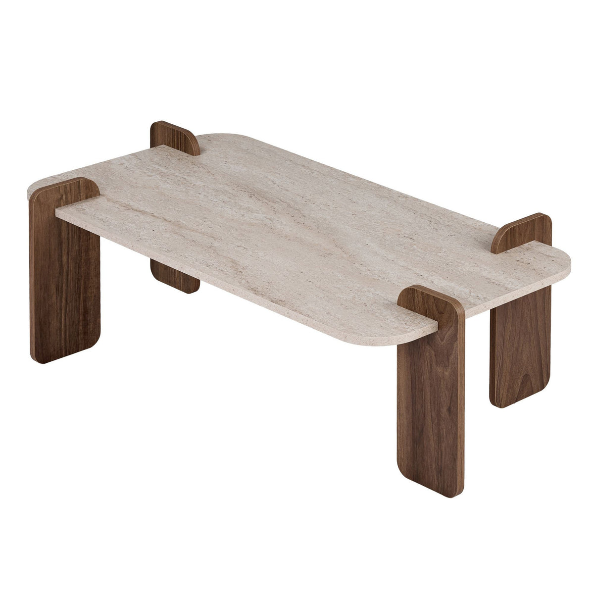 Couchtisch Renard von Nordure mit rechteckiger Tischplatte in Travertin-Optik und Untergestell in Nussbaum-Venezia-Farbe, Melaminspanplatte.