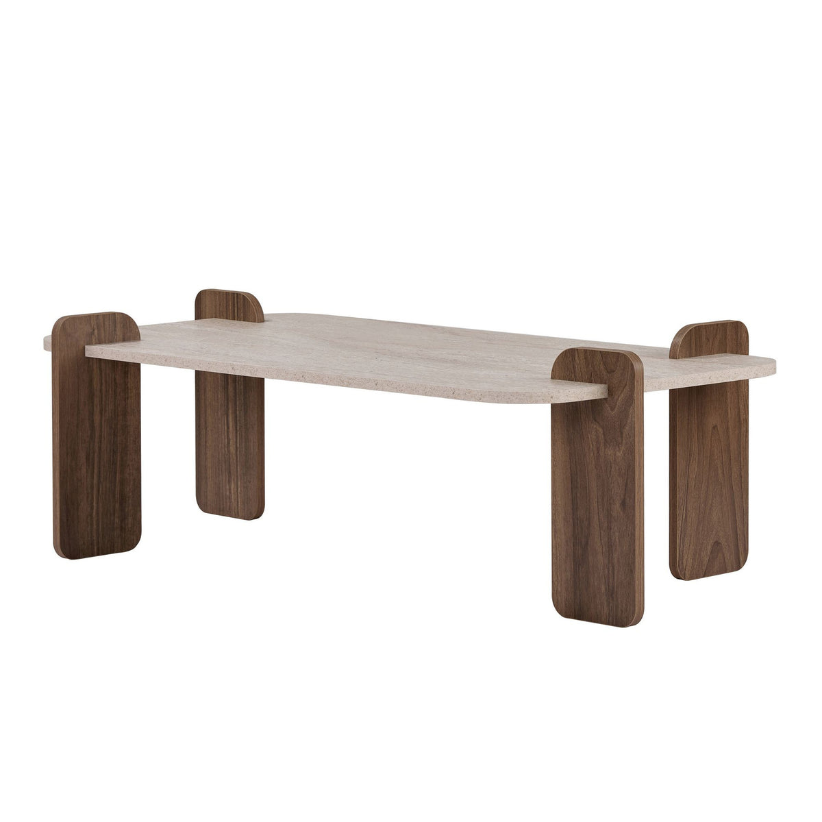 Couchtisch Renard von Nordure mit rechteckiger Tischplatte in Travertin-Optik und Untergestell in Nussbaum-Venezia-Farbe, Melaminspanplatte.