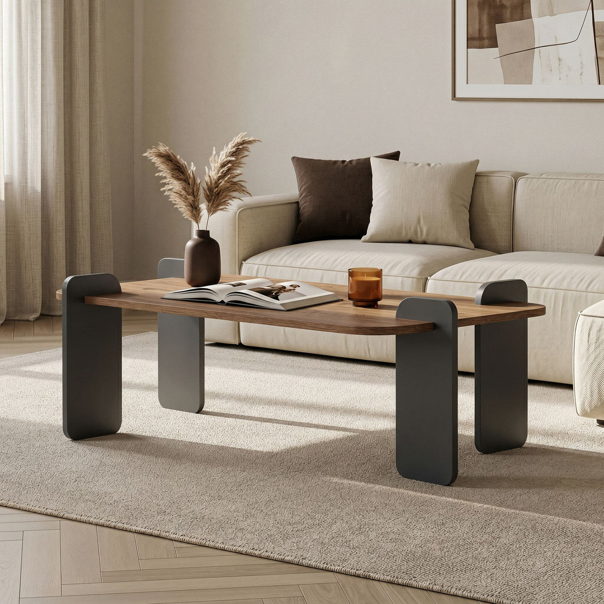 Couchtisch Renard von Nordure aus melaminbeschichteter Spanplatte in Atlantik Kiefer und Anthrazit, rechteckige Form, Masse 147x87x35 cm.