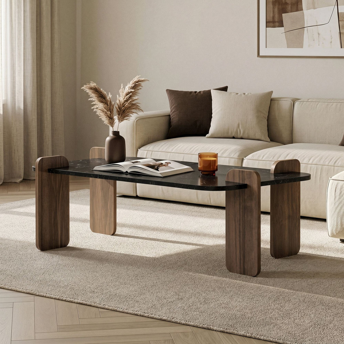 Couchtisch Renard von Nordure in Lotus und Venezia-Nussbaum, rechteckige Form, Melaminbeschichtete Spanplatte, 147x87x35cm.