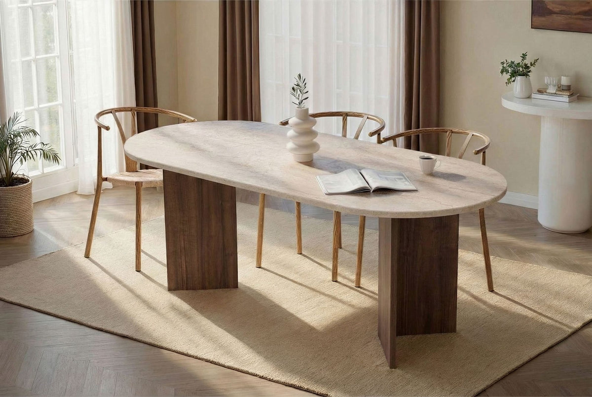 Rechteckiger Esstisch Sabella von Nordure aus melaminbeschichteter Spanplatte in Travertin- und Venezia-Walnussfarbe, Masse 200x90x75 cm.