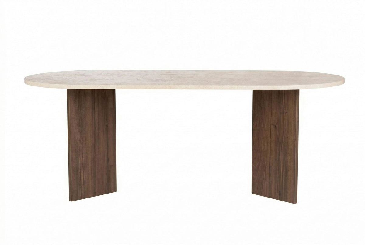 Rechteckiger Esstisch Sabella von Nordure aus melaminbeschichteter Spanplatte in Travertin- und Venezia-Walnussfarbe, Masse 200x90x75 cm.