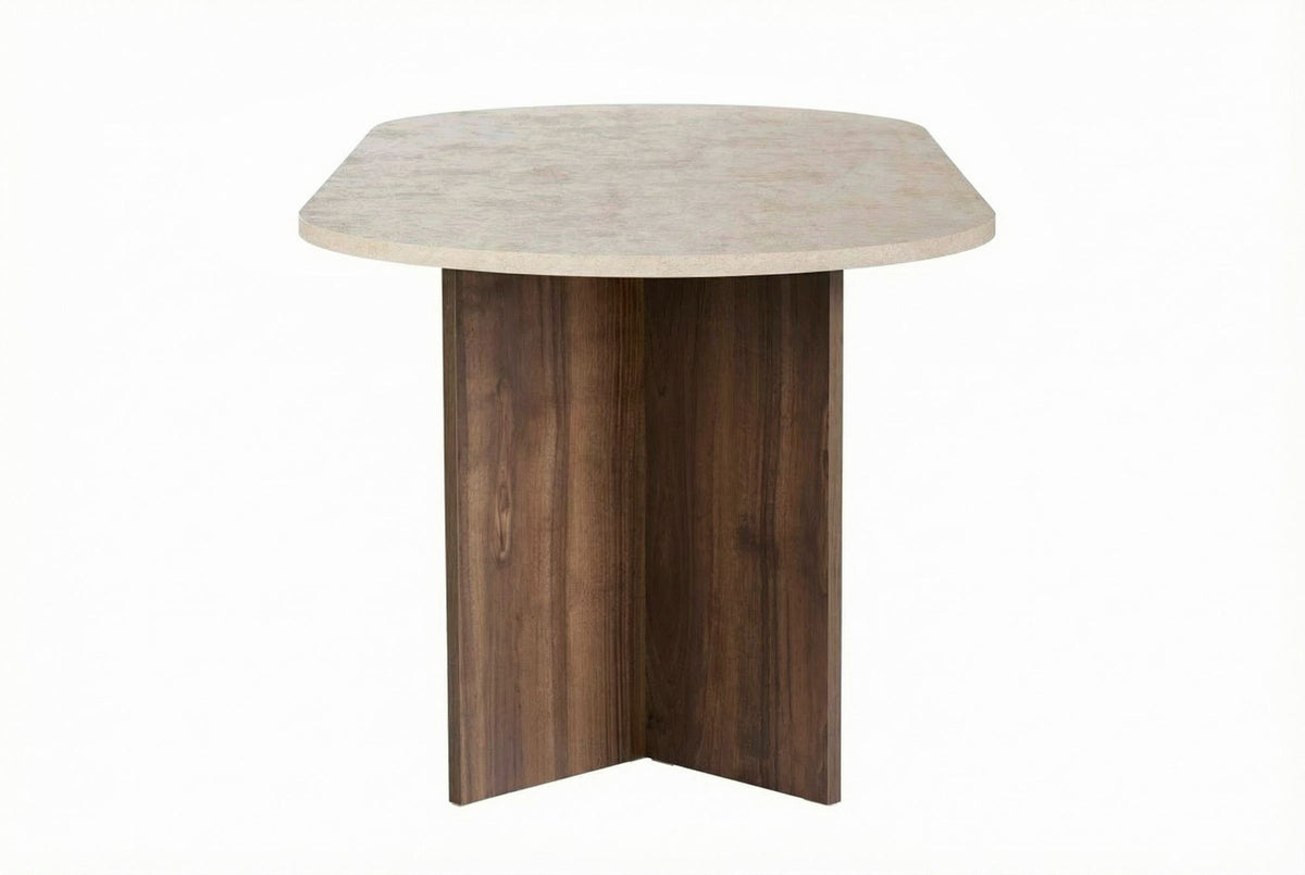Rechteckiger Esstisch Sabella von Nordure aus melaminbeschichteter Spanplatte in Travertin- und Venezia-Walnussfarbe, Masse 200x90x75 cm.