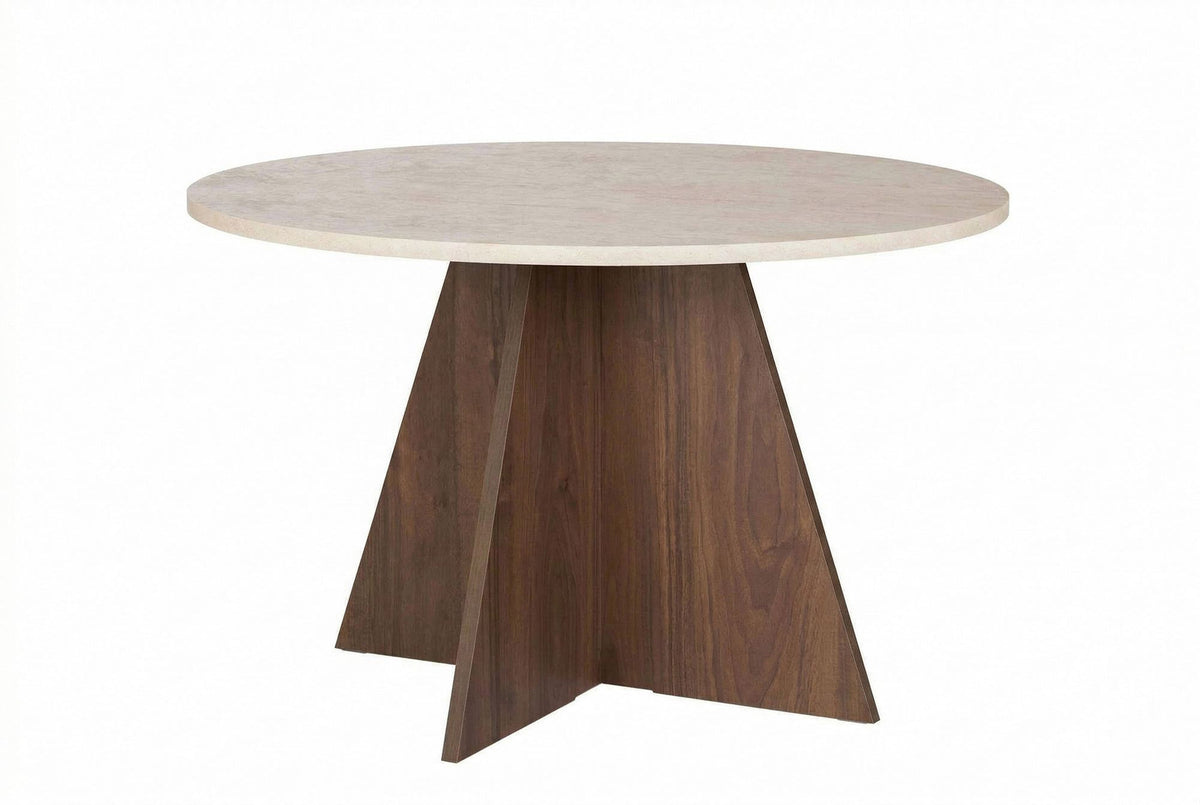 Quadratischer Esstisch mit Tischplatte in Travertin-Optik und Gestell in Venezia-Nussbaum-Farbe, Masse 120 x 120 x 75 cm.